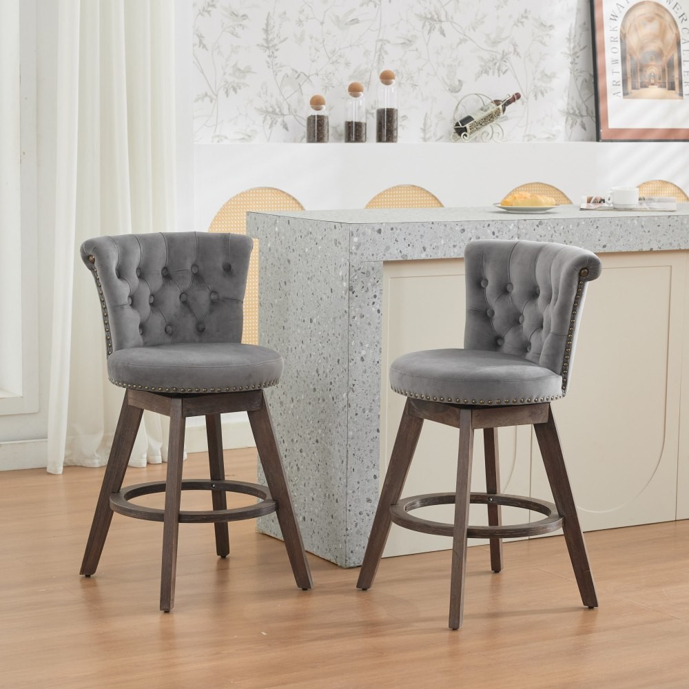 26" Counter Height Bar Stools Set of 2 w/ Swivel Back, Velvet Upholstery