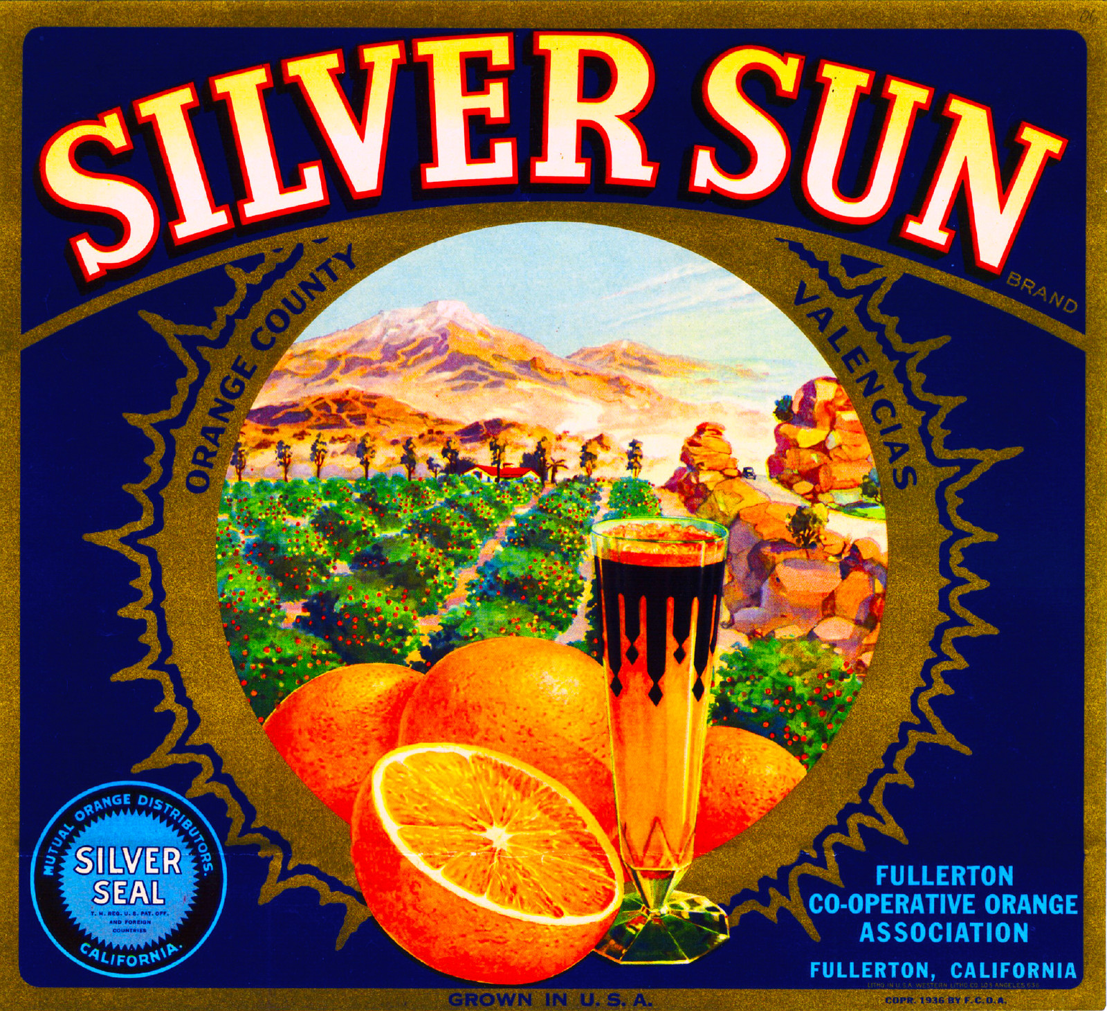 Fullerton California Silver Sun Orange Citrus Fruit Crate Label Art Print