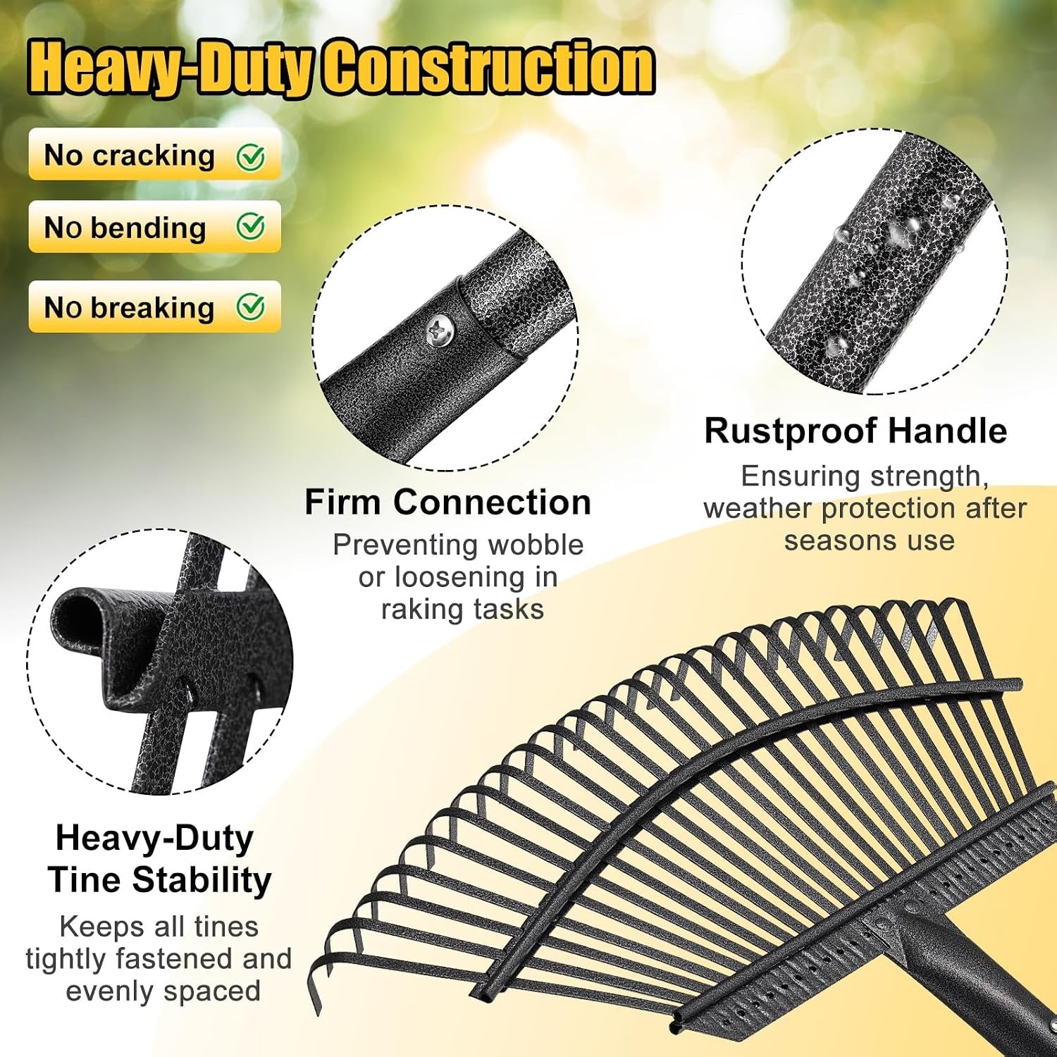 Garden Rake for Leaves: 18” Wide Metal Leaf Rake, 65” Long Adjustable Handle,...