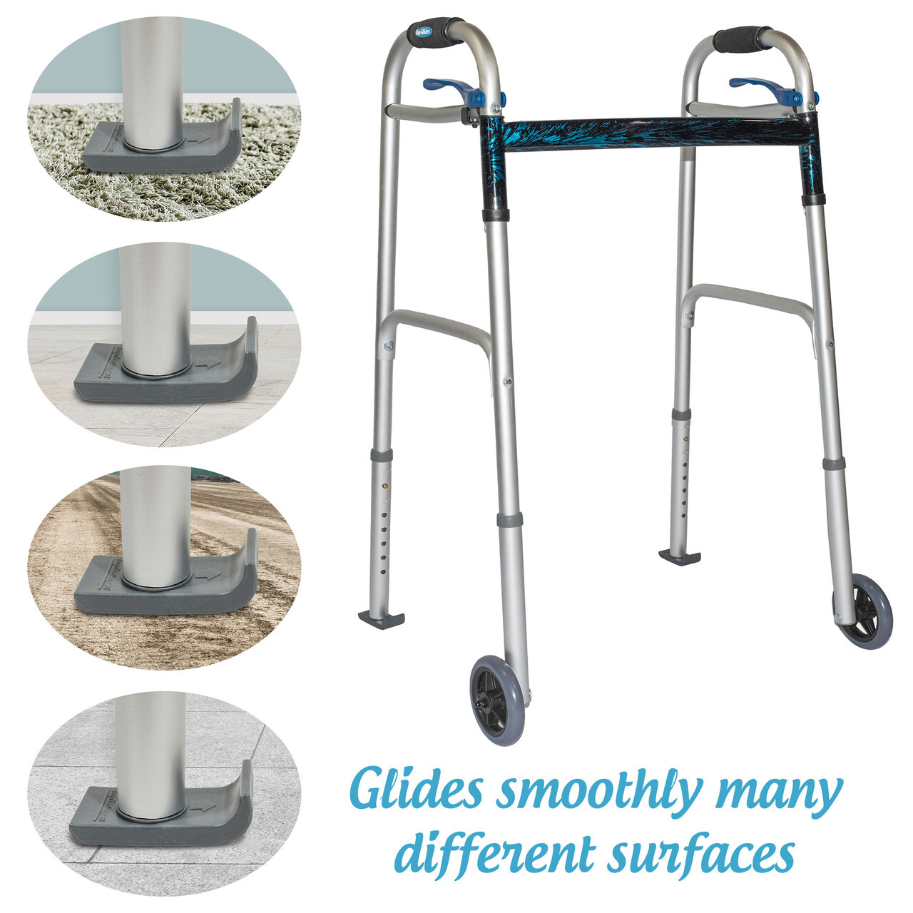 Top Glides Swivel/Lock Walker 5" Front Wheels Kit with Universal FlexFit Ski
