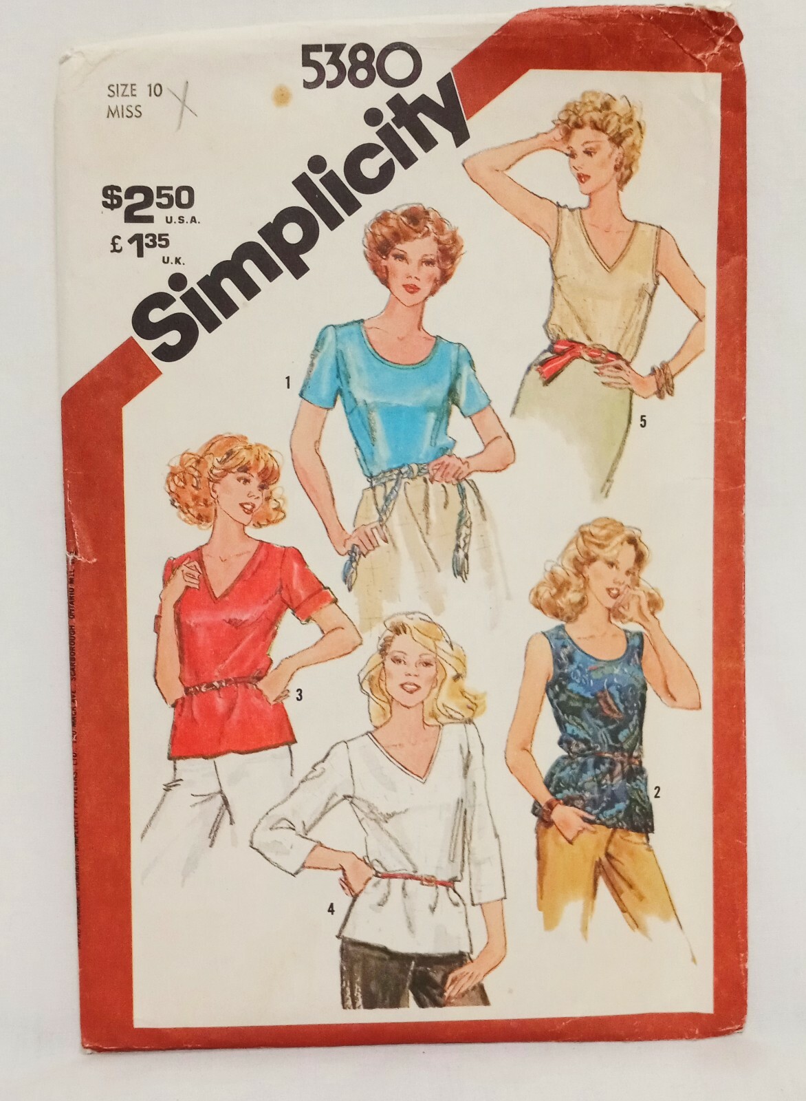 Misses Set of Pullover Tops Shirts Pattern 5380 Size 10 Simplicity Uncut 1981