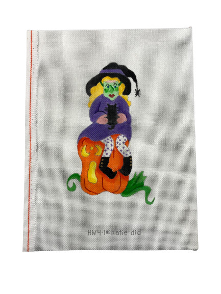 Katie Did Hand-Painted Needlepoint Canvas Pumpkin Witch & Black Cat 12"x9"