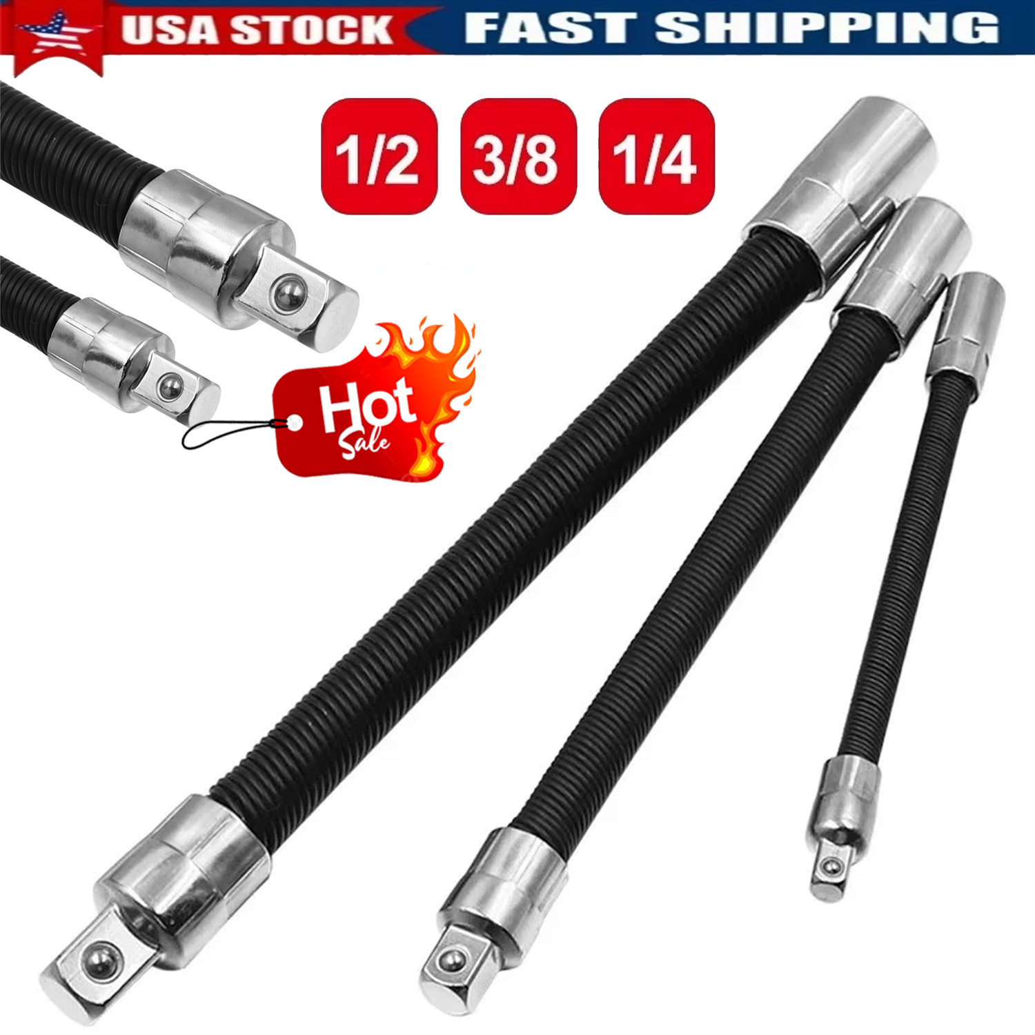 3-Piece Flexible Socket Extension Bar Sets 1/2" 1/4" 3/8" Shaft Drive 10" 8" 6"