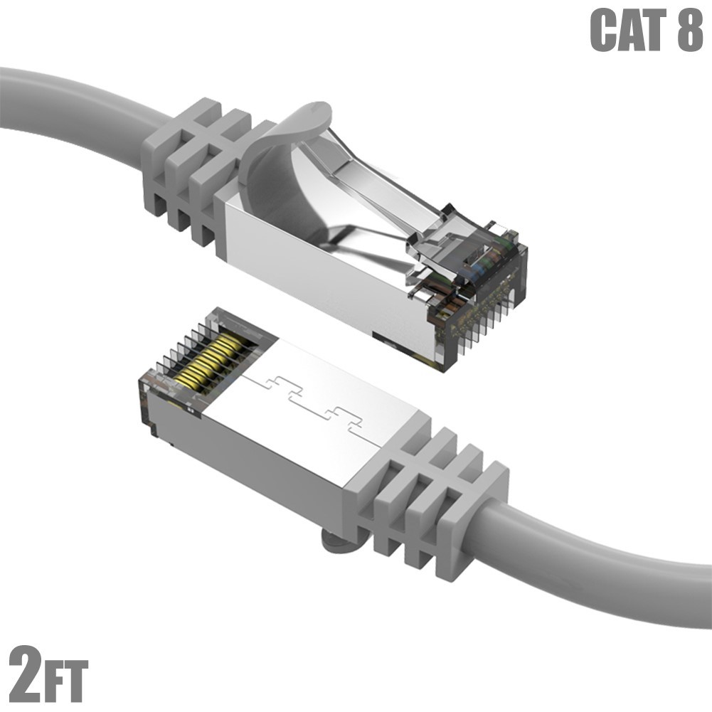 2FT CAT8 RJ45 Network LAN Ethernet SFTP Cable Copper Wire 40Gbps 2GHz 26AWG Gray