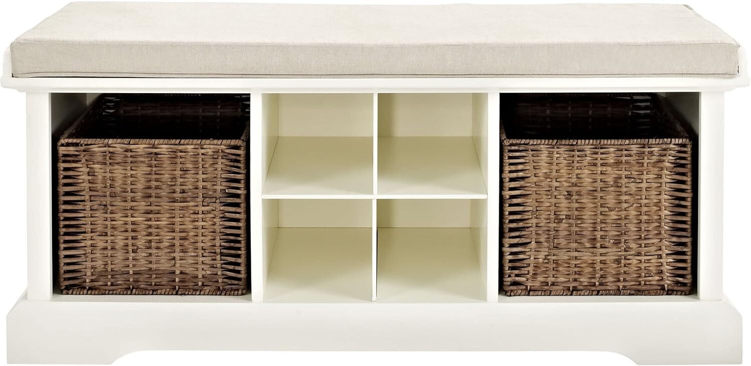 Crosley Furniture Brennan Entryway Storage Bench with Wicker Baskets and Cushion