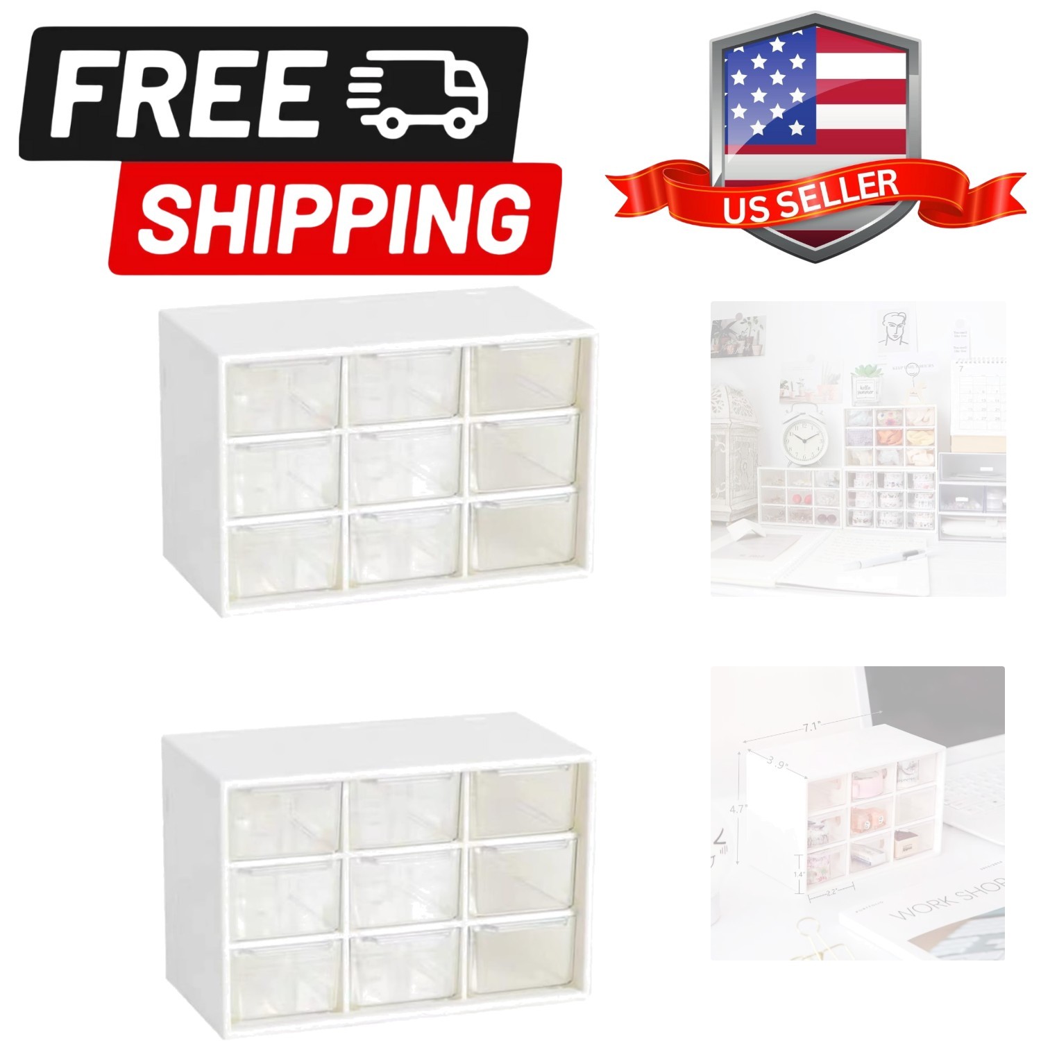 2PCS Small Drawer Organizer for Desk, Desktop Drawer Organizer with 9 Clear D...
