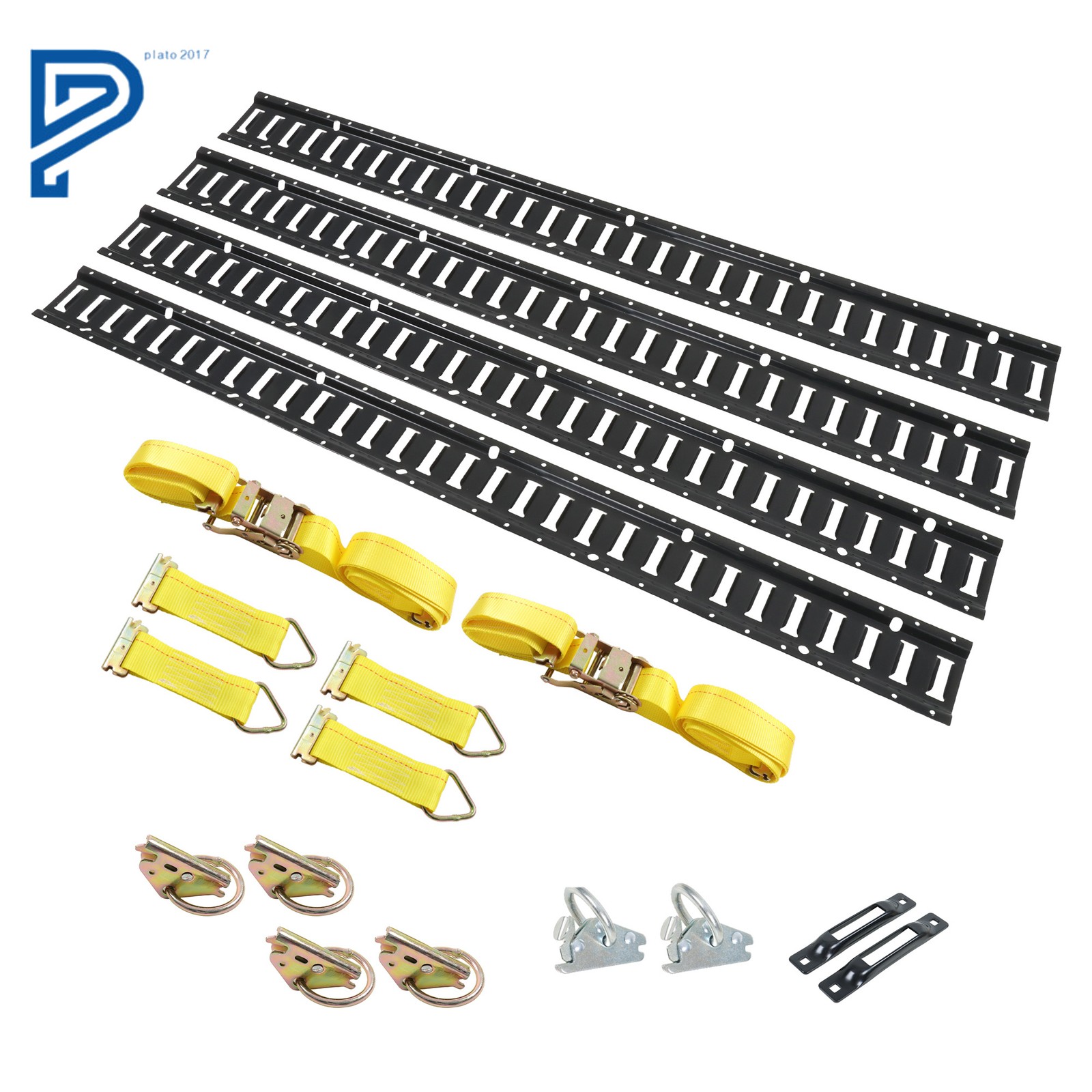 5' E Tracks Set 4× Steel Rails 4× O-Rings 4× D-Ring 2× 15' Ratchet Straps