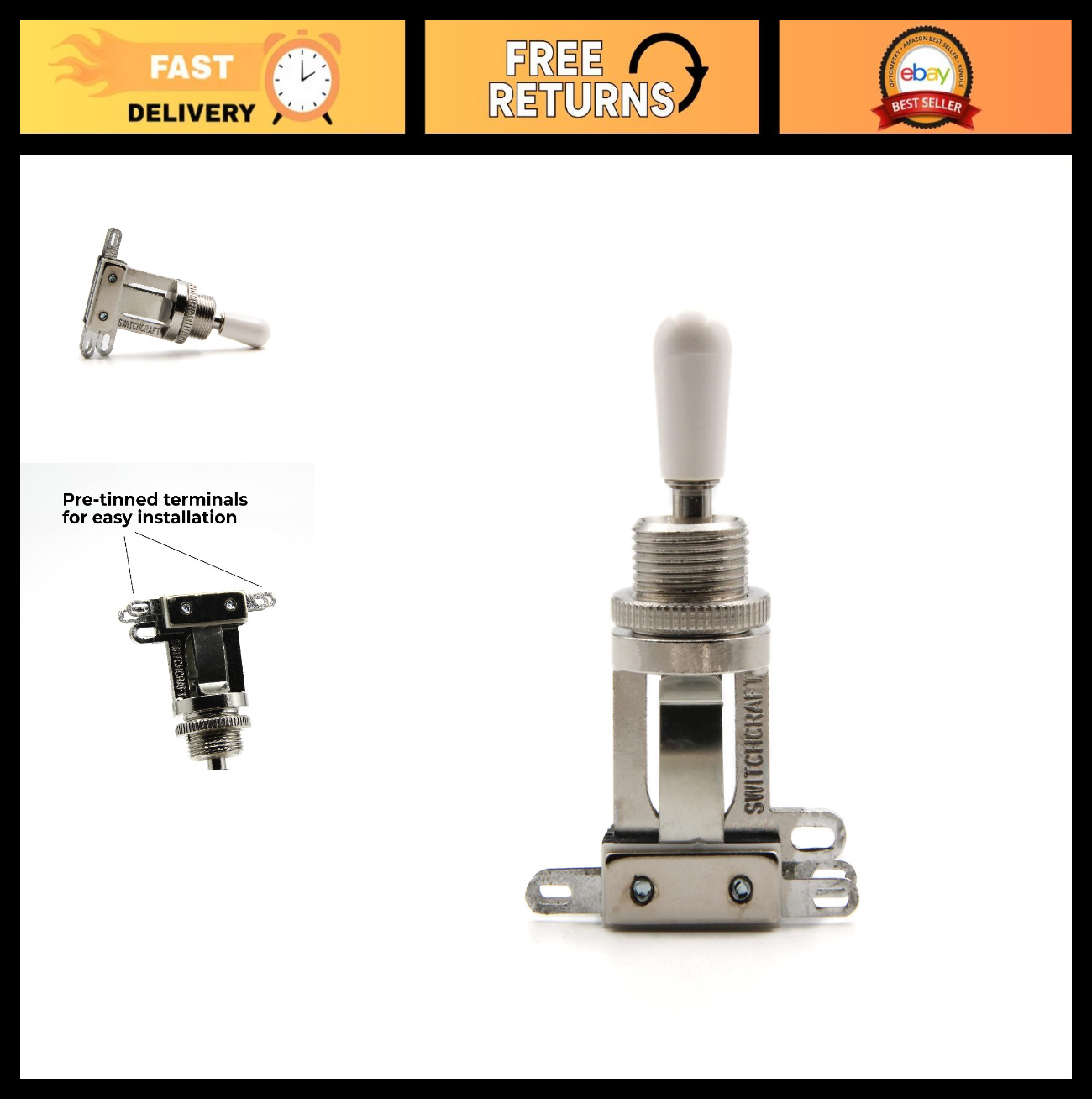 3-Way Toggle Switch for Les Paul Electric Guitars - Short Straight, White Tip