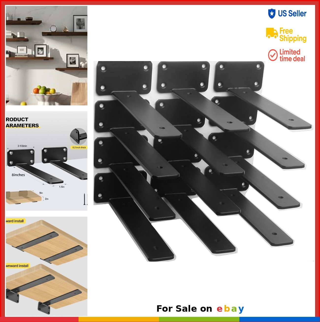 12 Pack 8 Inch Black Hidden L Shelf Bracket Iron Floating Brackets for Support