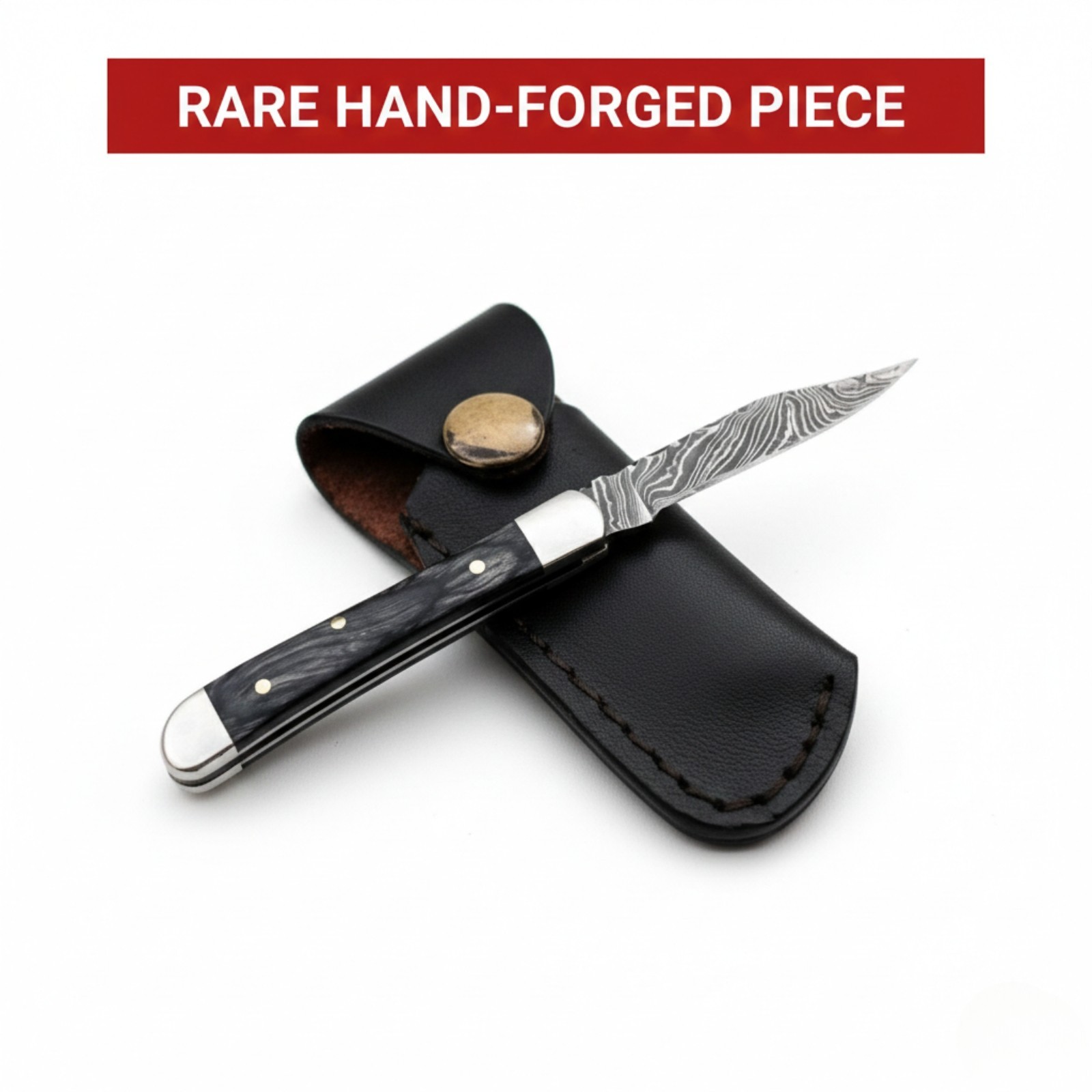 SK CUSTOMS Rare Hand-Forged Trapper Black Wood Damascus Pocket Knife W/Sheath
