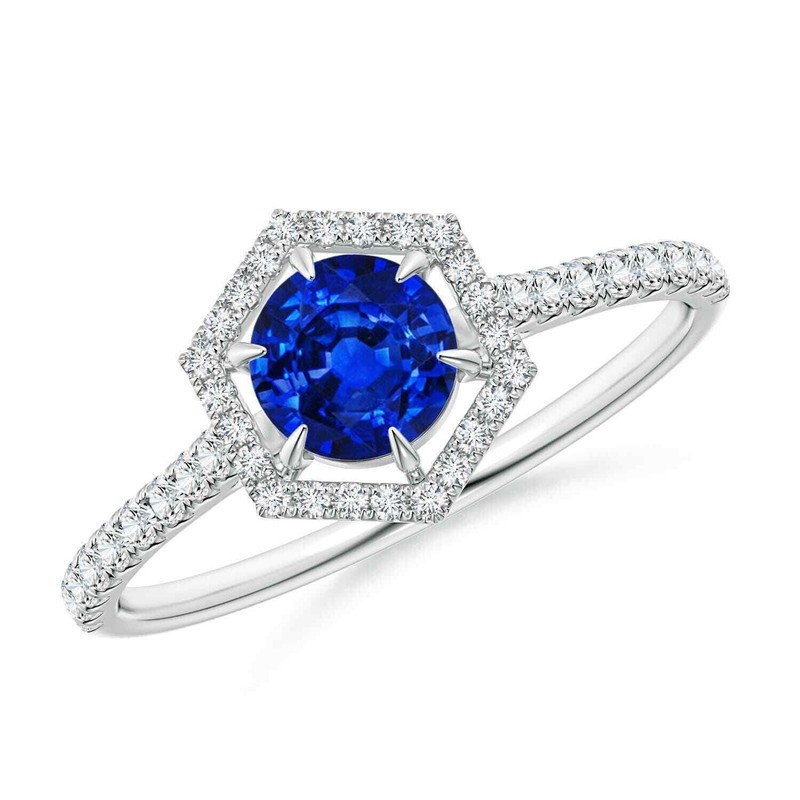 Hexagon Style Round Blue Sapphire Halo Ring 925 Sterling Silver Wedding Ring