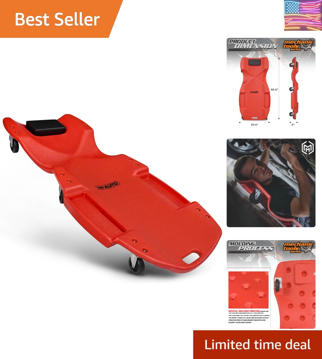 Mechanic Plastic Creeper with Dual Tool Trays, 48" Ergonomic Rolling Garage S...