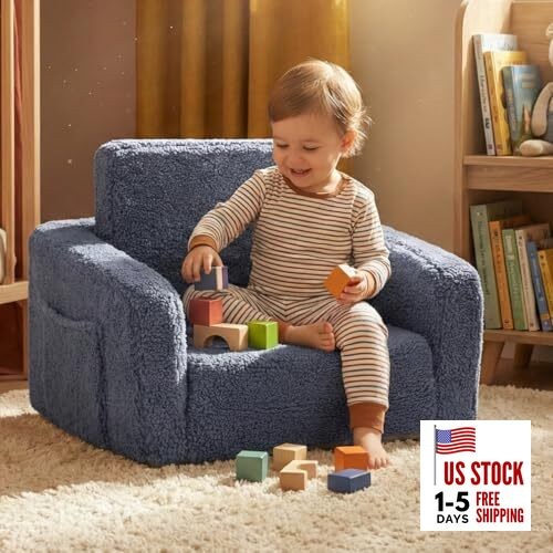 Toddler Baby Chair Couch Sofa Kids Foldable 2-in-1 Sherpa Fold Out Couch Grey