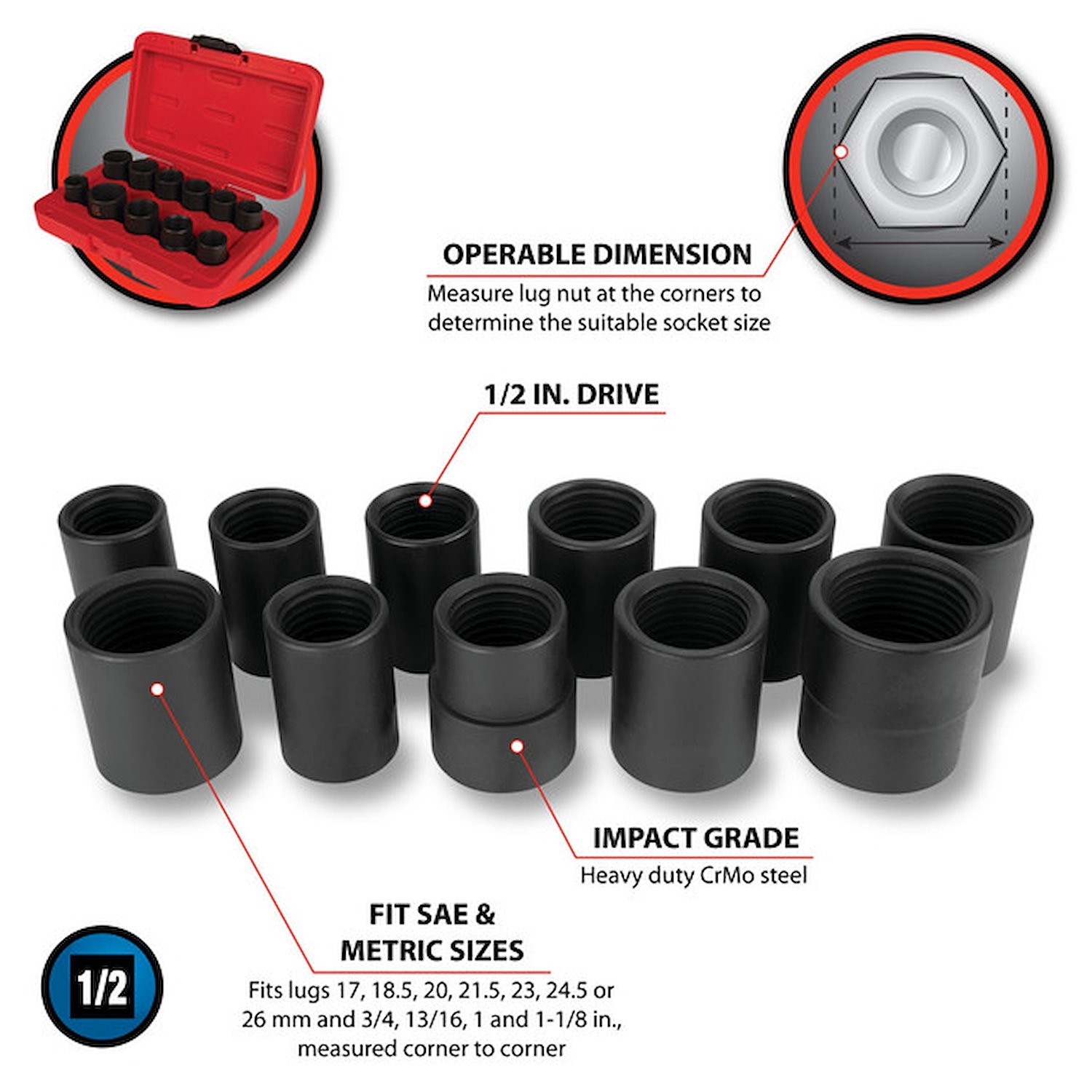 JEGS 1/2 in. Drive Master Lug Nut Socket Set [11-Piece]