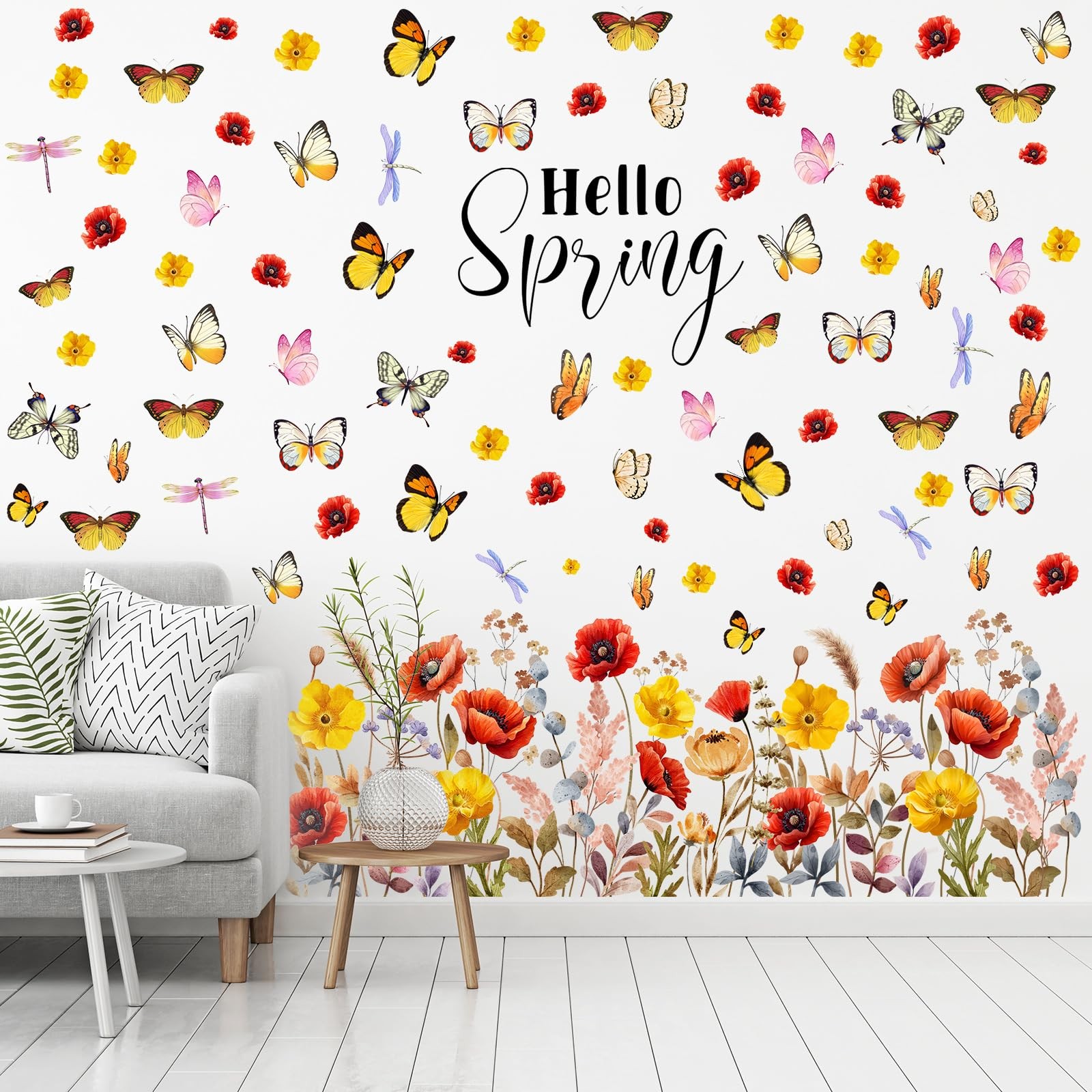76 Pcs/ 6 Sheet Hello Spring Wall Stickers Spring Wall Decals Watercolor Wild...