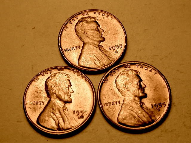 3 Different 1955-S Ch/Gem BU Red Uncirculated Lincoln Cent Die Break Errors#13