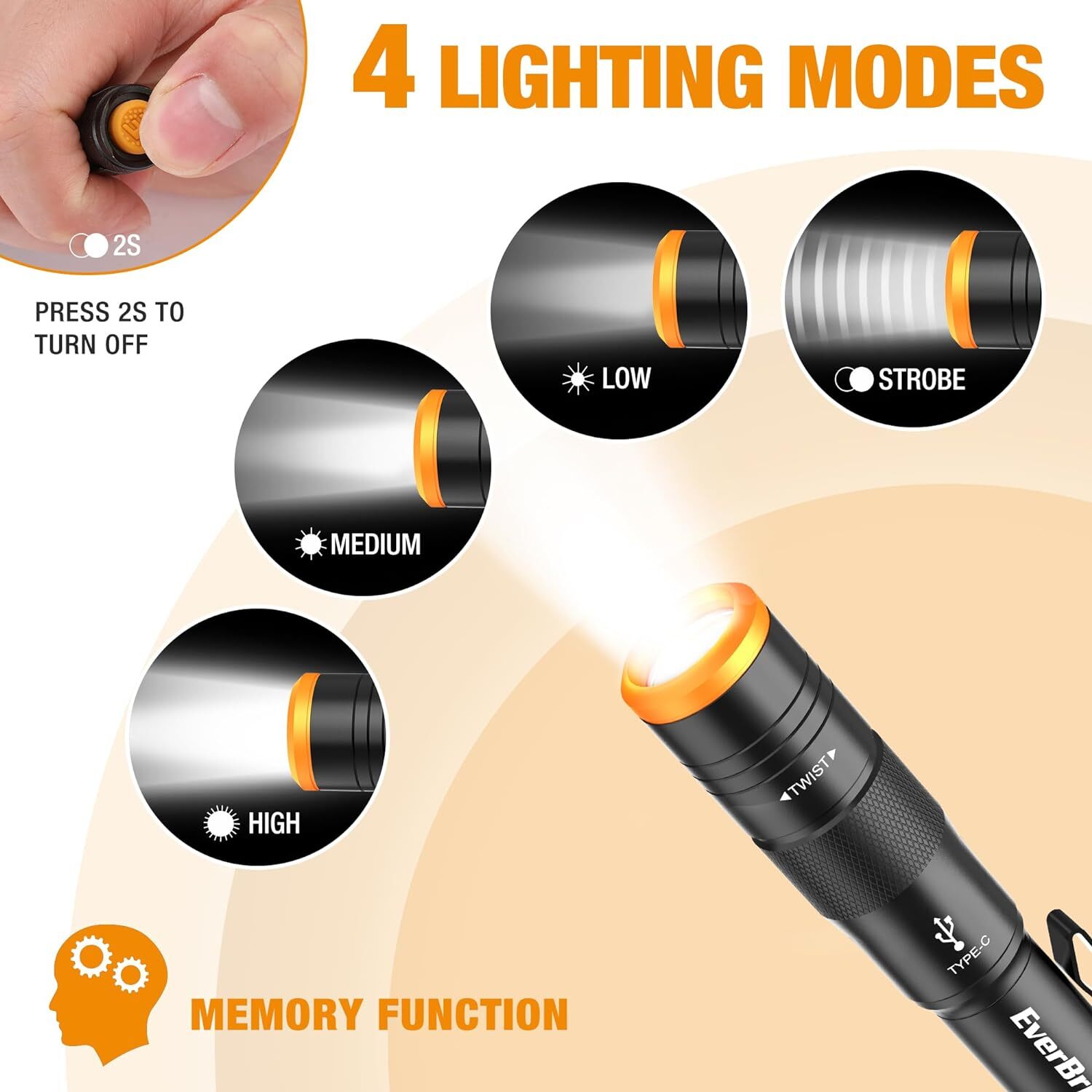 EverBrite Mini Pen Light, Rechargeable Pocket Pen Flashlight w/USB C Cable-Black