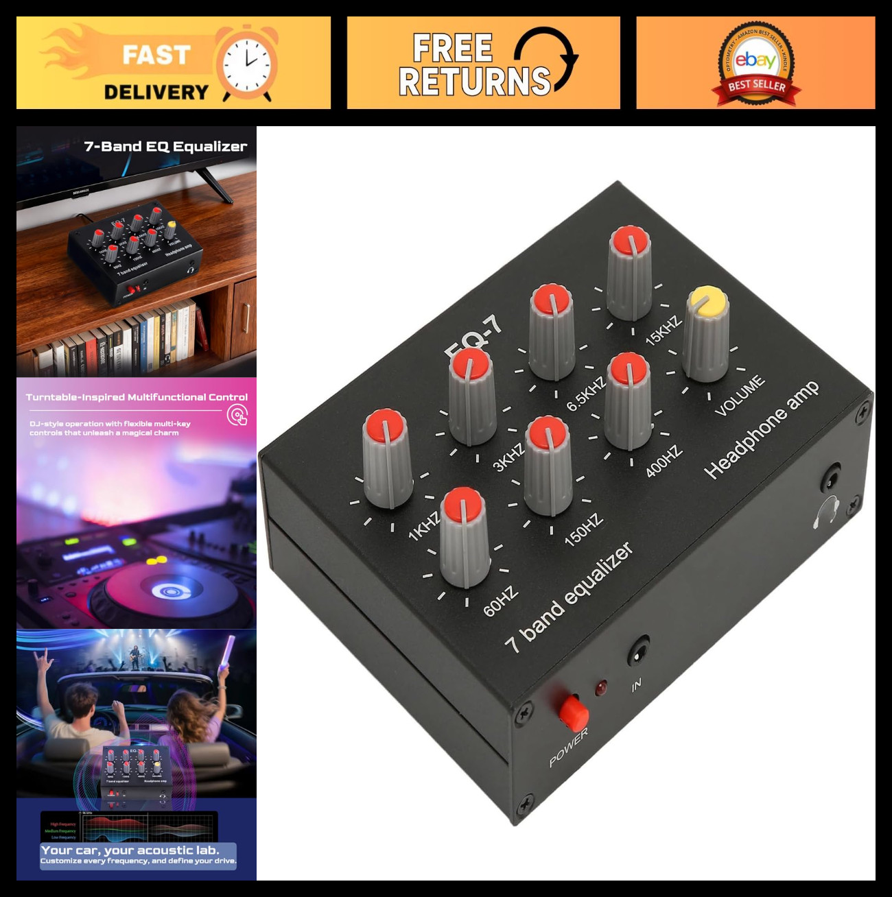 7-Band Audio Equalizer Headset Amplifier, Dual Channel Sound, 3.5mm Interface, H