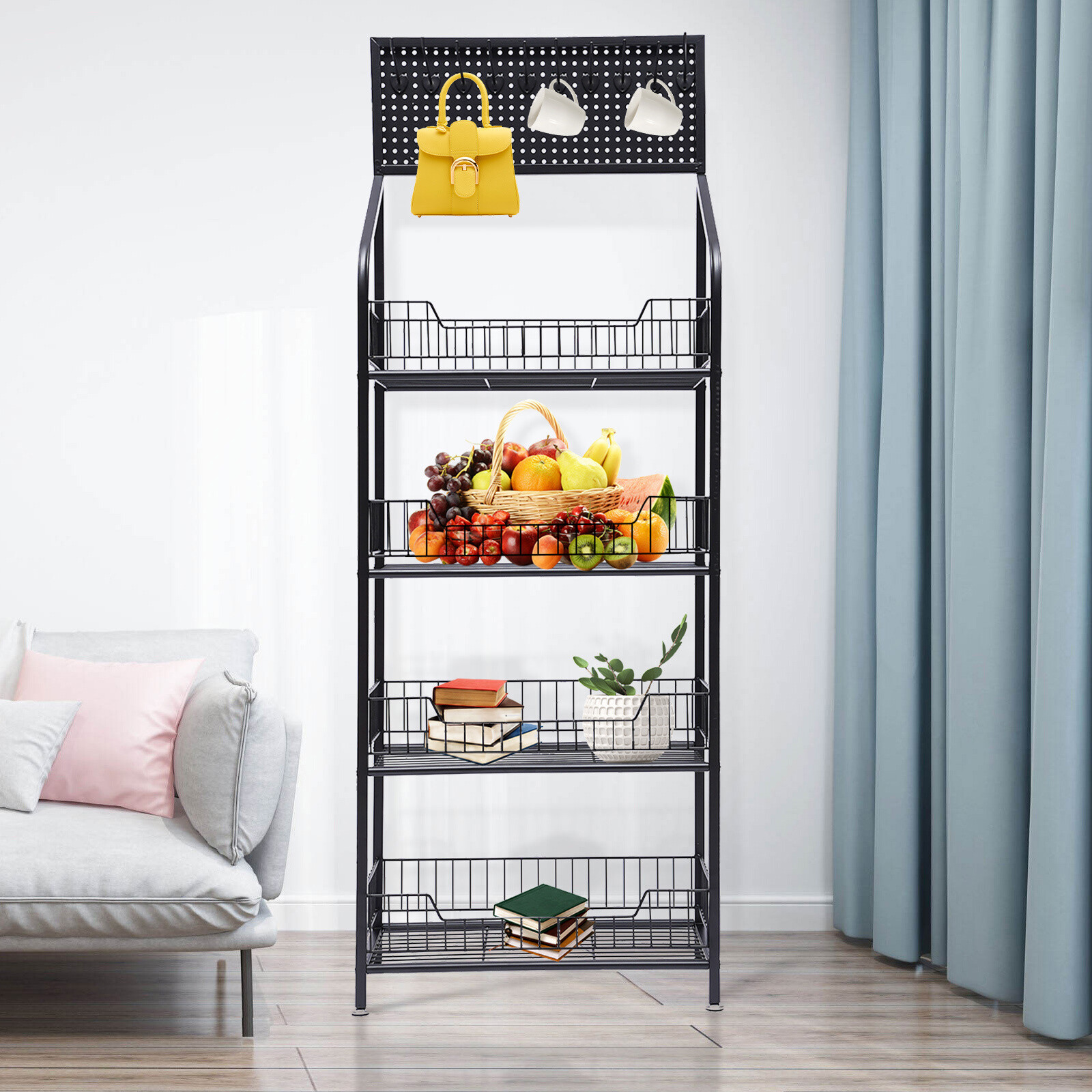 4-Tier Metal Baker's Rack With Locking Wheels, Wine Rack & 5 Hooks