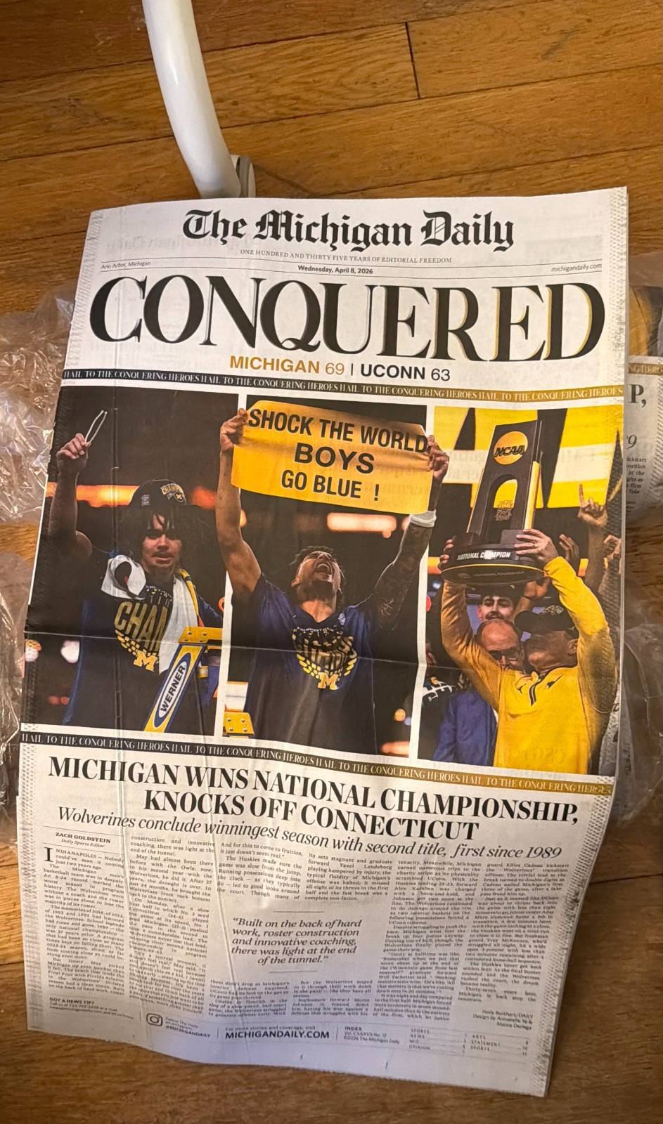 University of Michigan Daily Basketball National Champs Newspaper
