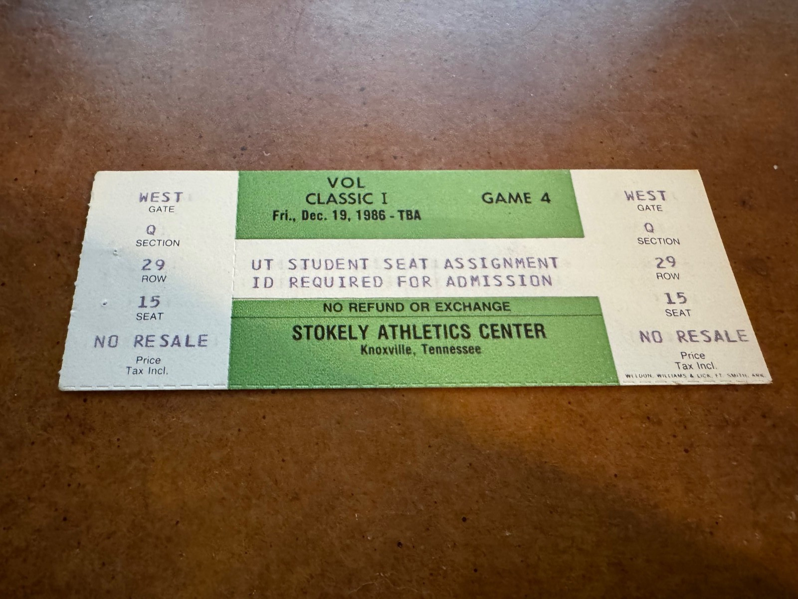 1986 Tennessee Vols Ball State Cardinals Full Basketball Ticket Dyron Nix 12/19