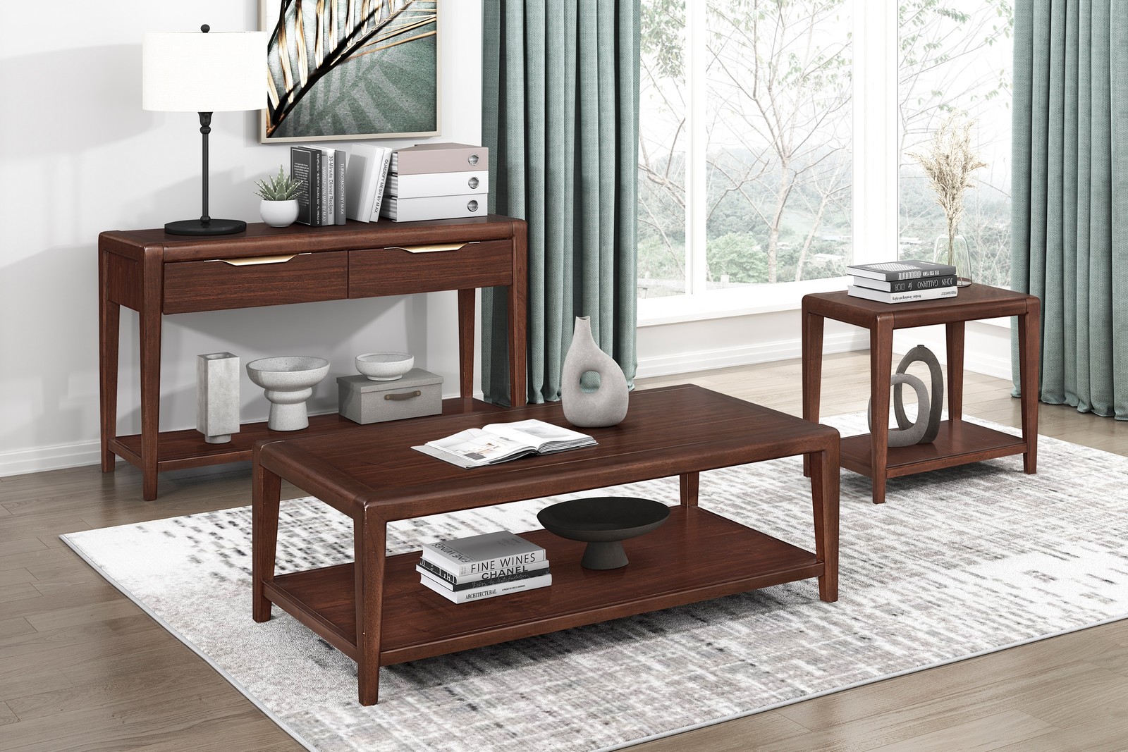 3PC Walnut Finish Living Room Table Set Coffee Table Sofa Table End Table Bottom