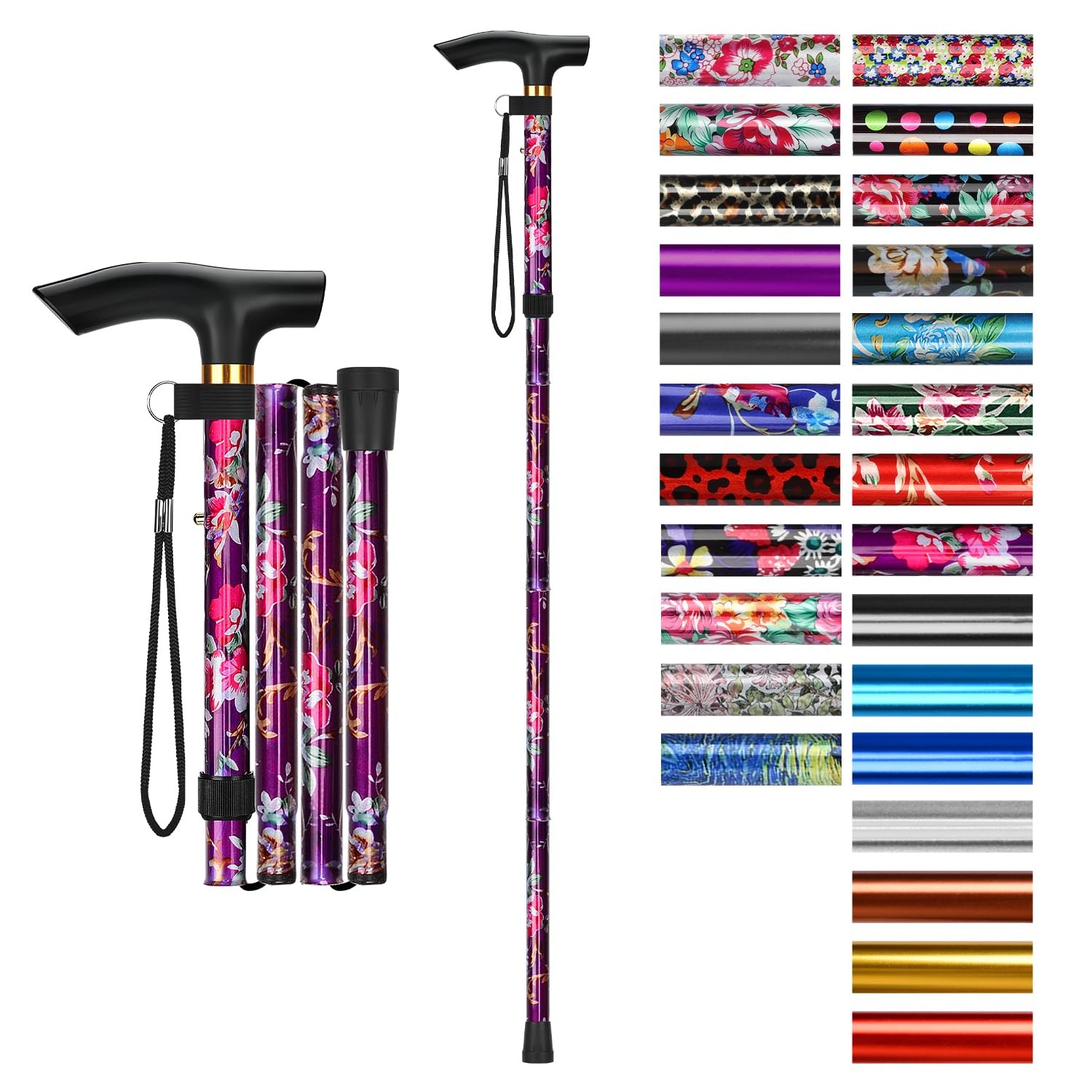supregear Folding Cane, 5-Level Adjustable Height Walking 10", Purple Floral