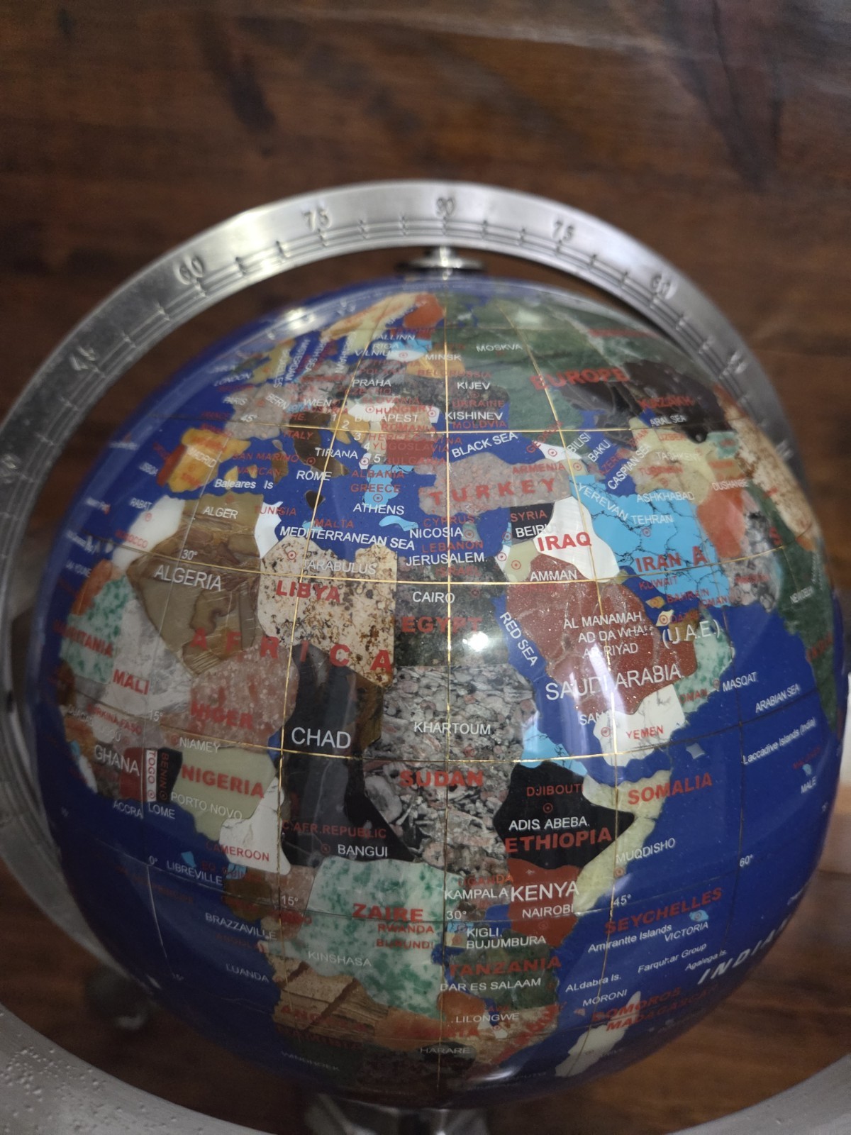 World Globe Gemstone Vintage Heavy Metal Stand  w/Compass