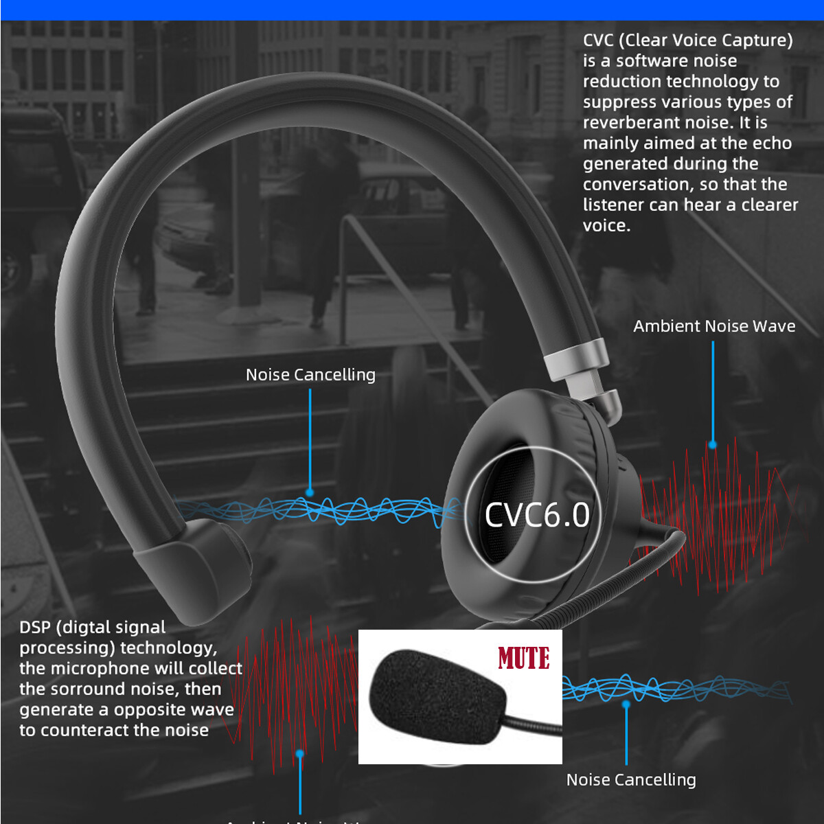 Truker Driver Bluetooth Headset Noise Canceling Headphone with Microphone