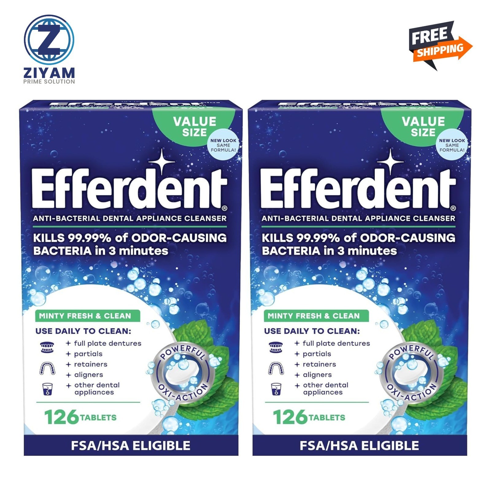 ( 2 Pack) Efferdent Denture & Retainer Cleaner Tablets, Mint, 126 Count