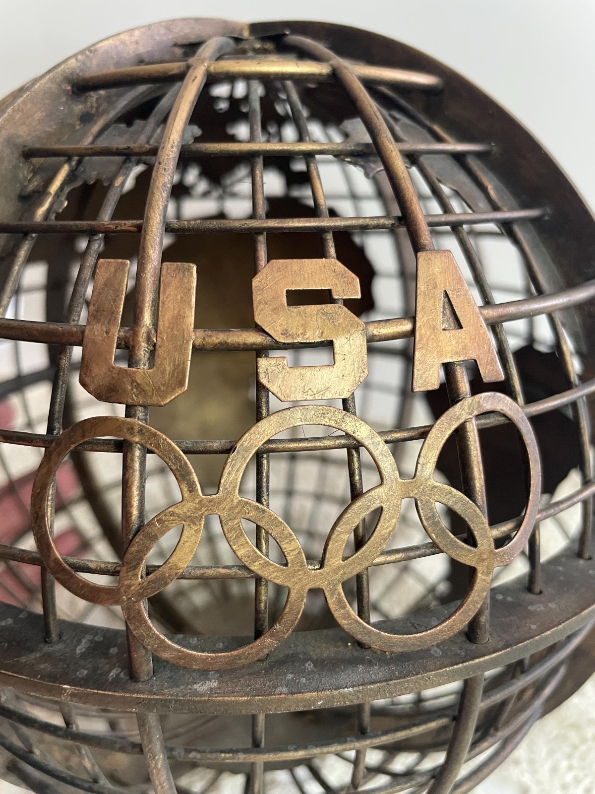 Vintage Metal USA Olympic Rings Globe Sculpture Industrial Wire Decor 24 Inch