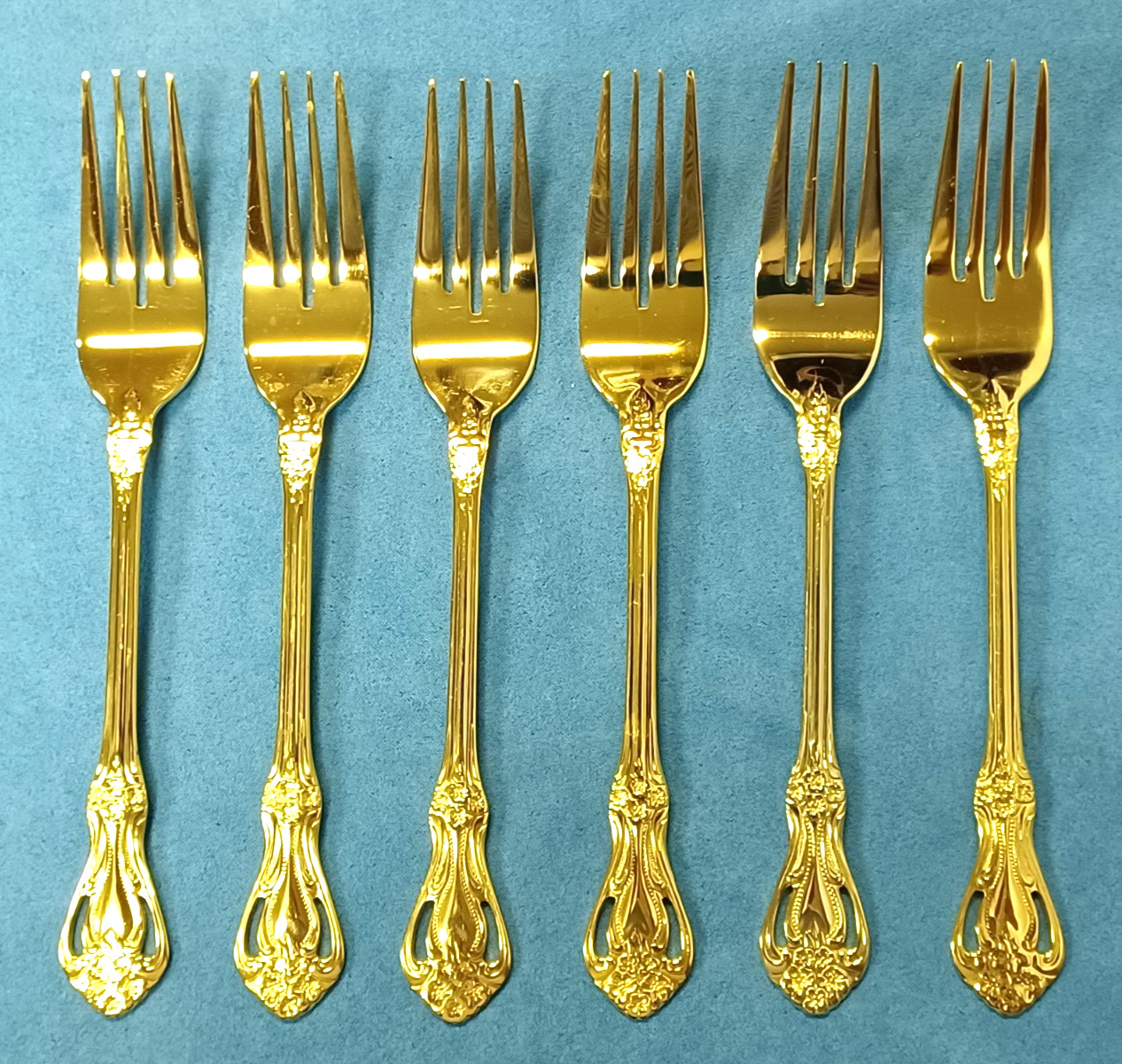 6 JC Penny JCP Dinner Forks  7.5” Gold Electroplated Floral Stainless Flatware