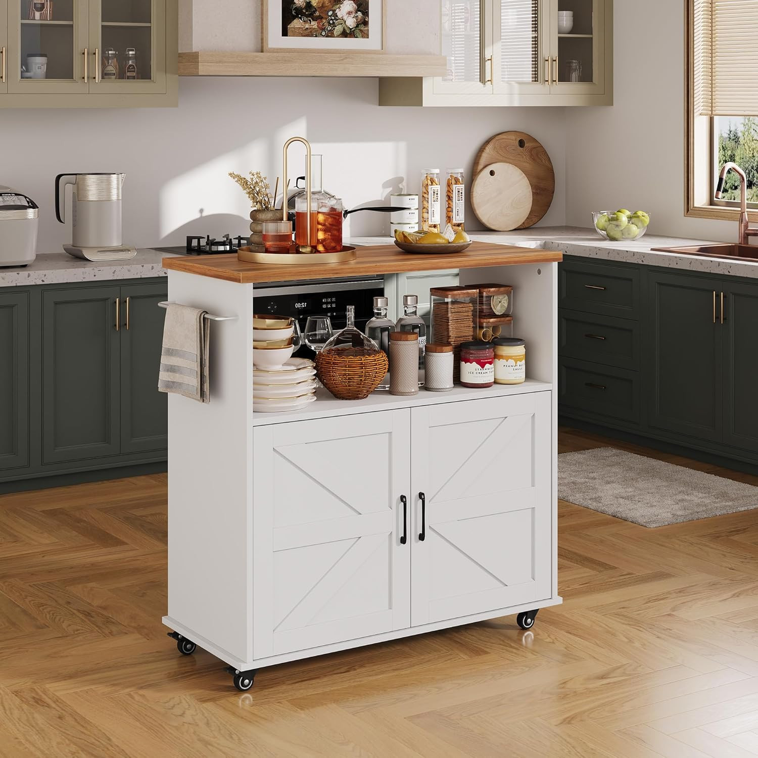 Portable Rolling Kitchen Island with Storage, Towel Rack & Lockable Wheels