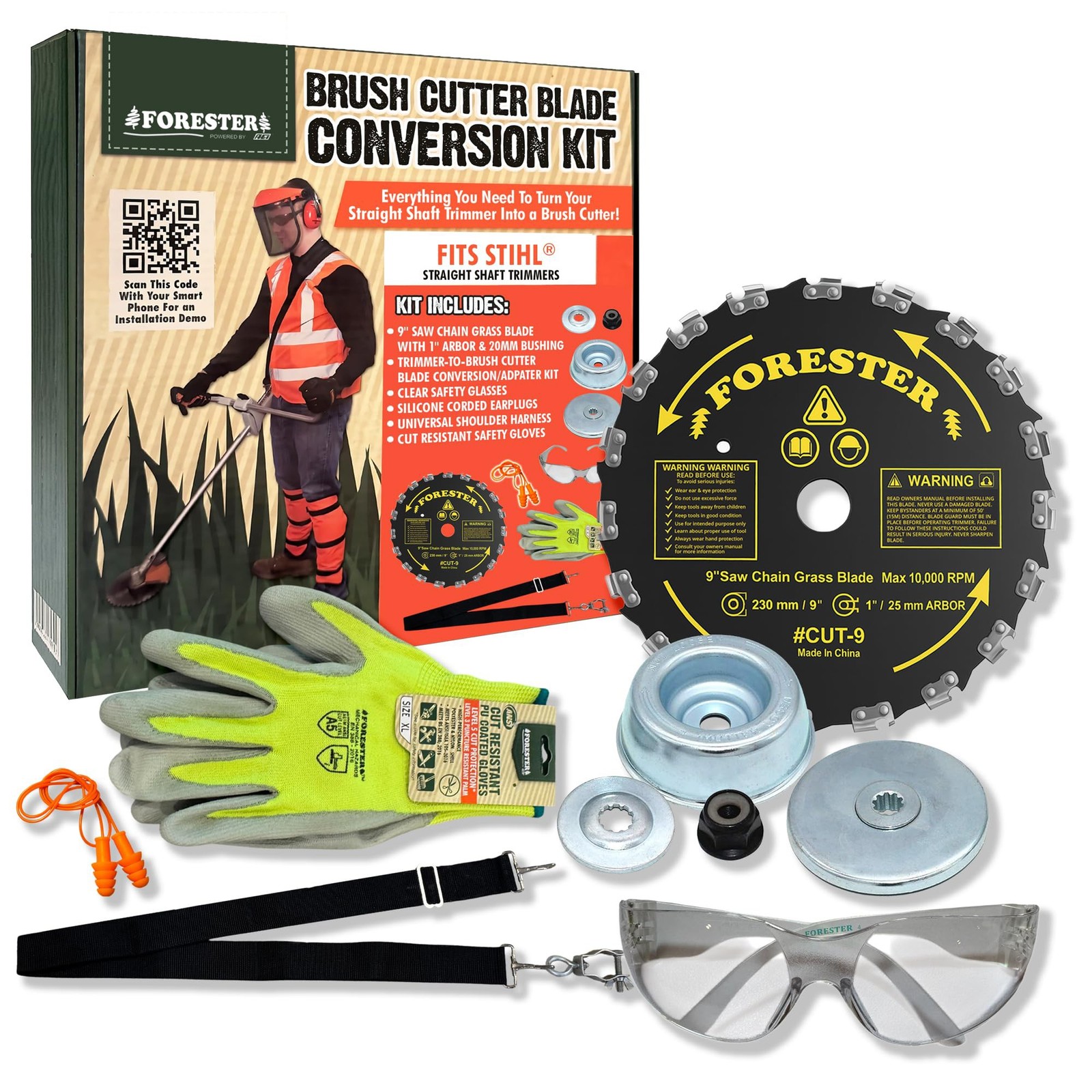 FORESTER Brush Cutter Trimmer Conversion Kit with Cut-9, Includes Safety Glas...