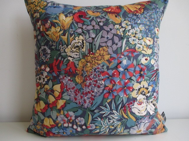 Liberty Cottage Garden Cotton Red & Blue Velvet Fabric Vintage Cushion Cover