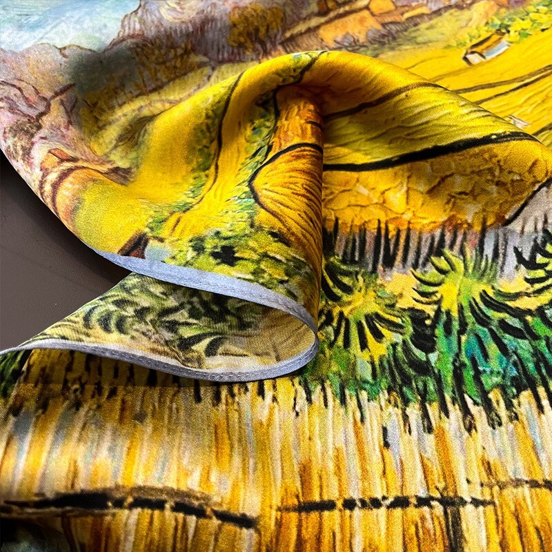 100% Silk Square Scarf Women Neckerchief Wrap Bandana Yellow Countryside 53*53cm