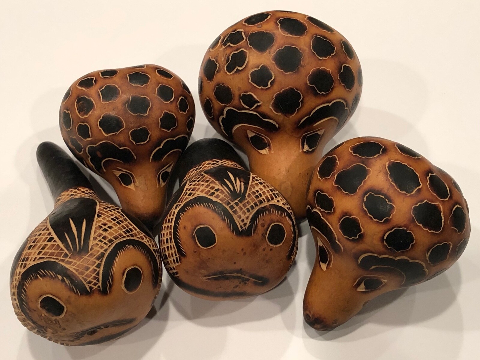 Vtg Lot 5 HAND CARVED Burnt Patterns GOURDS ANIMAL FACES Peruvian FOLK ART PERU