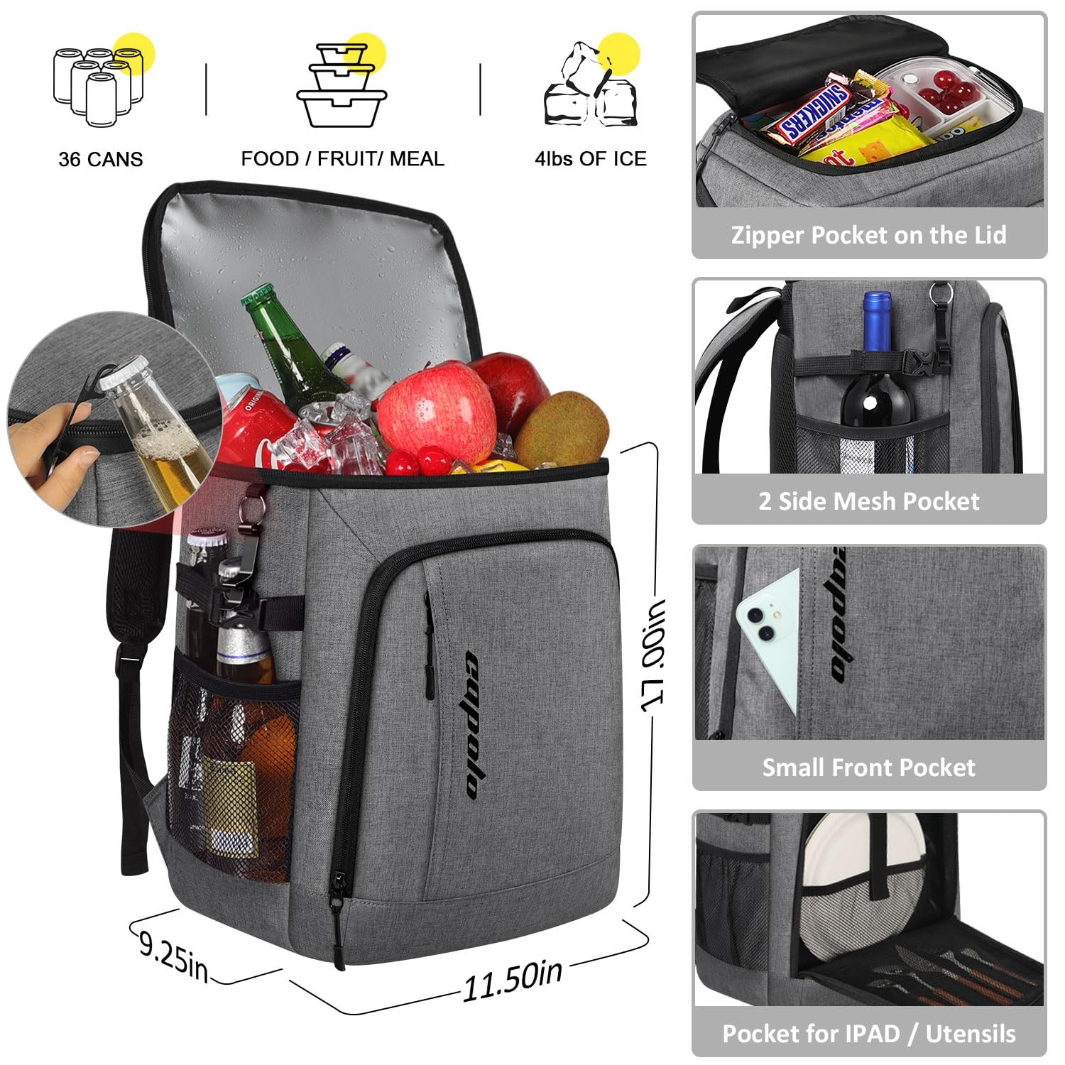 Capolo Cooler Backpack Insulated Leak Proof 36 Cans, Soft 36 Gray