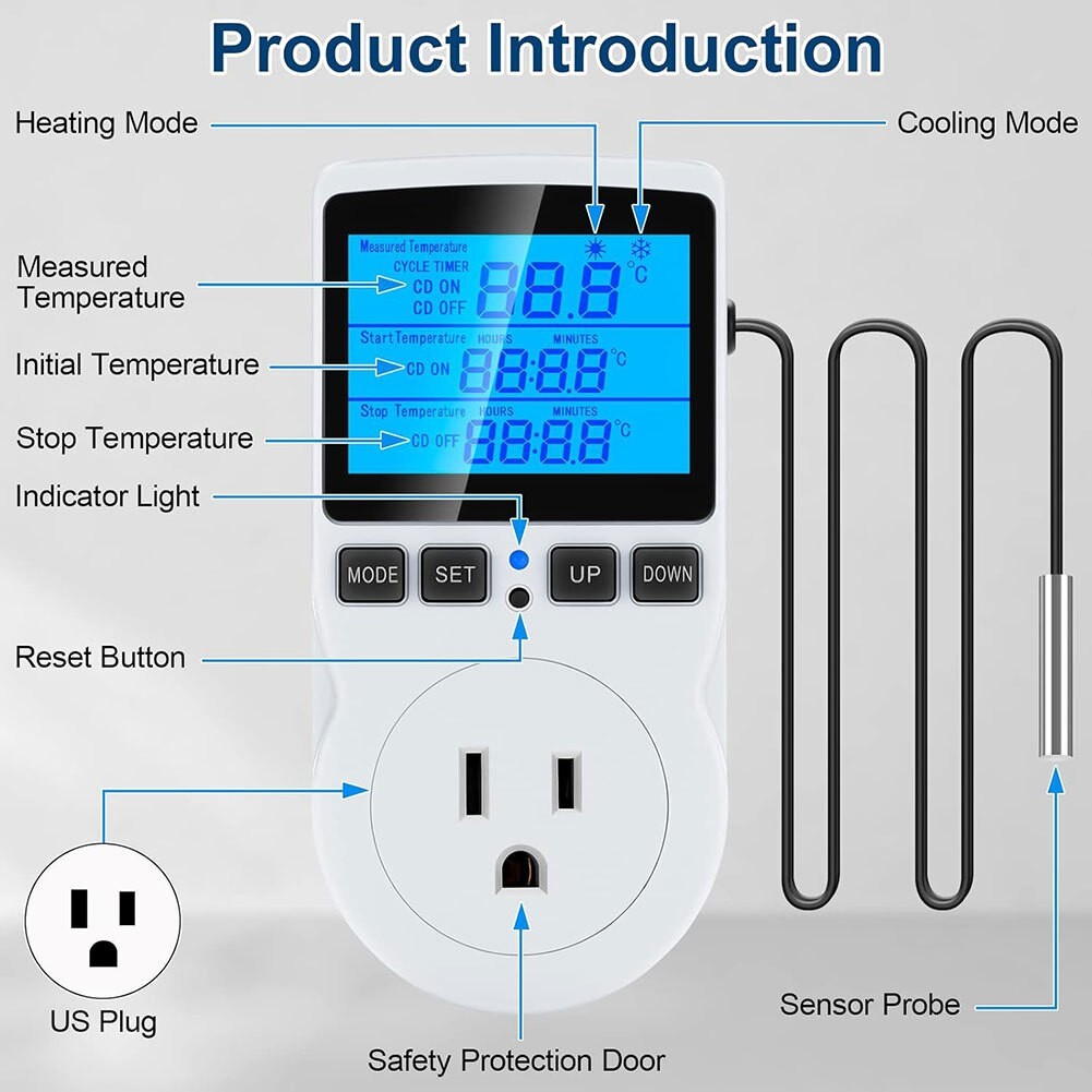 Digital Heating Cooling Thermostat Outlet, Temperature Controller w/ Probe Plug