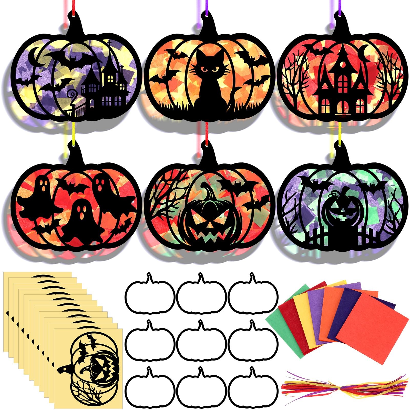 AmazingSpark 30 Pcs Halloween Suncatchers Paper Craft Set Pumpkin Bat DIY