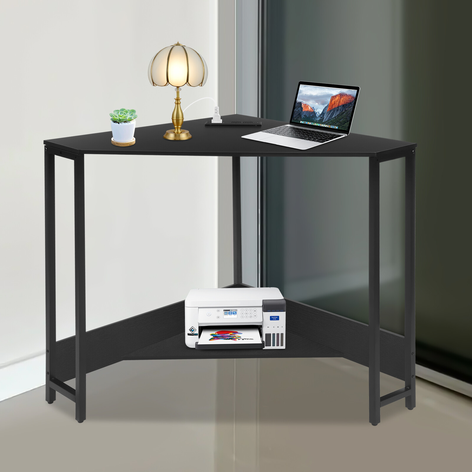 Triangle Corner Computer Desk Home Office Desk Laptop Work Table with Outlets