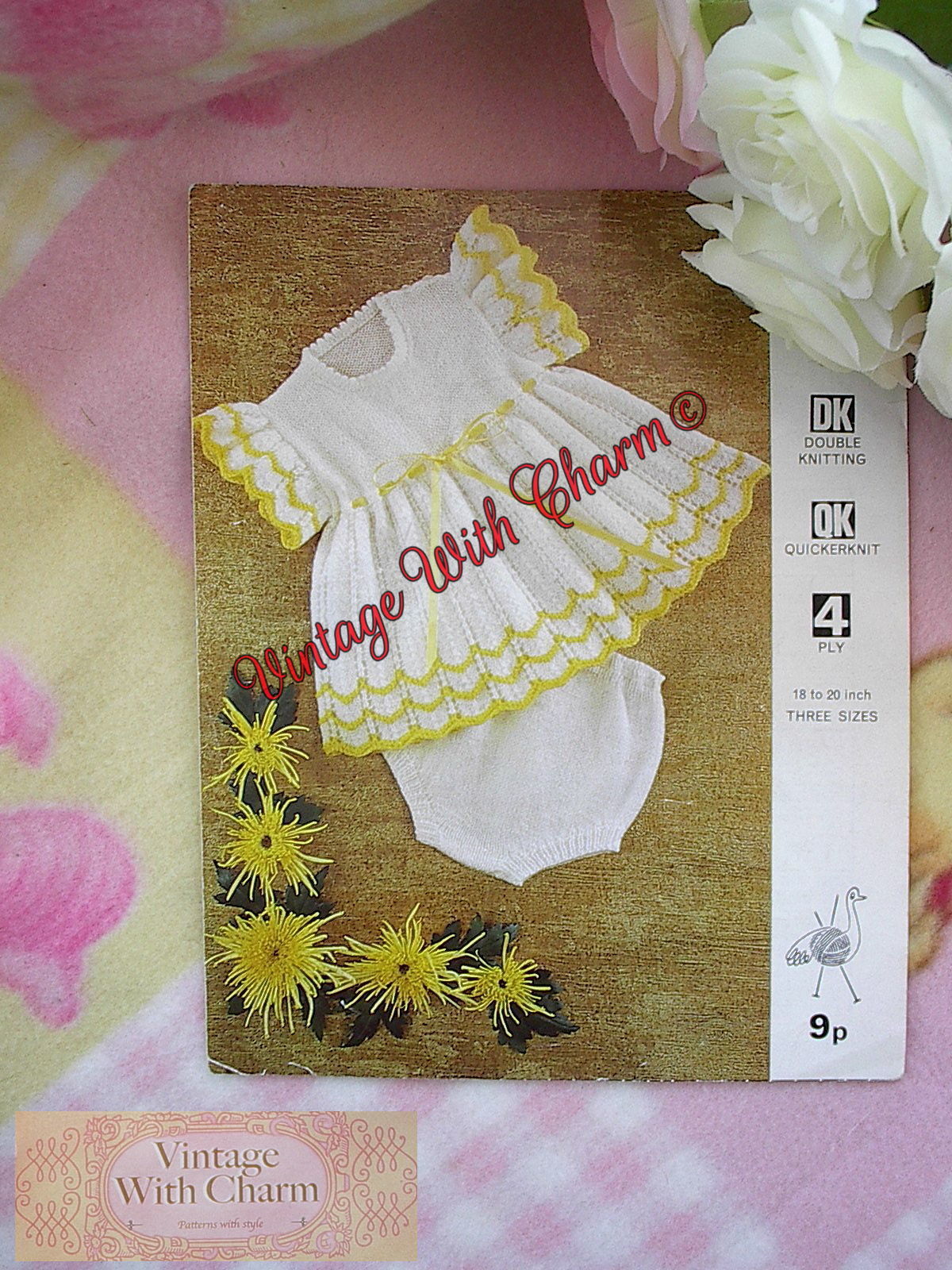 Vintage Knitting Pattern Baby Girls Dress & Knickers In Either D/K, 4-PLY Or Q/K