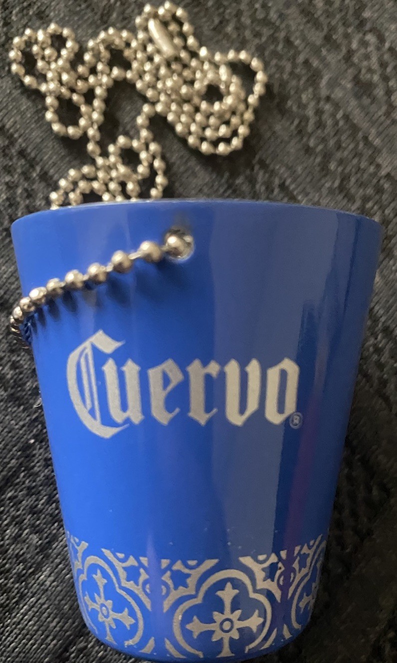 NEW Cuervo Tequila Blue with White Detailing Metal Shot Glass with chain.