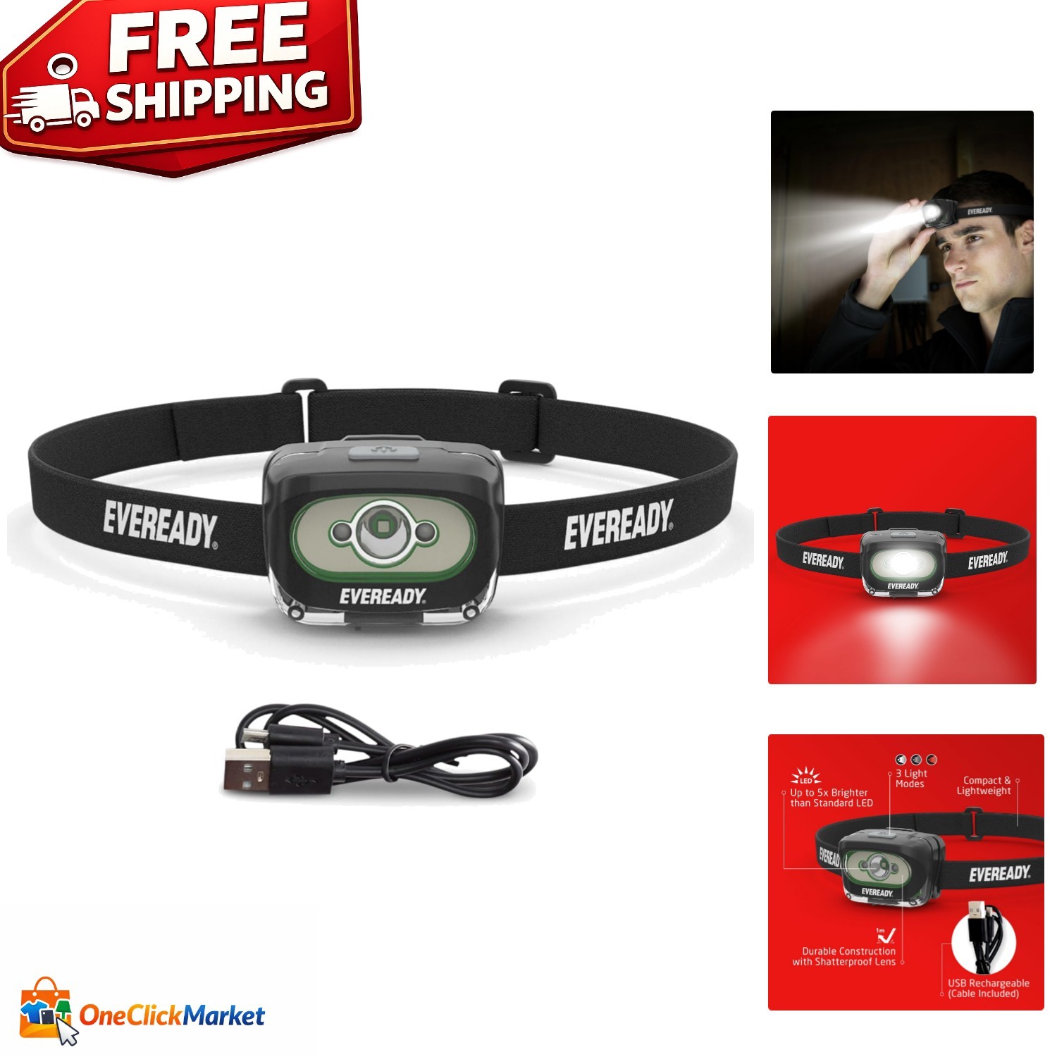 Hands-Free 300 Lumen LED Headlight with Adjustable Headband and Red Light Mode