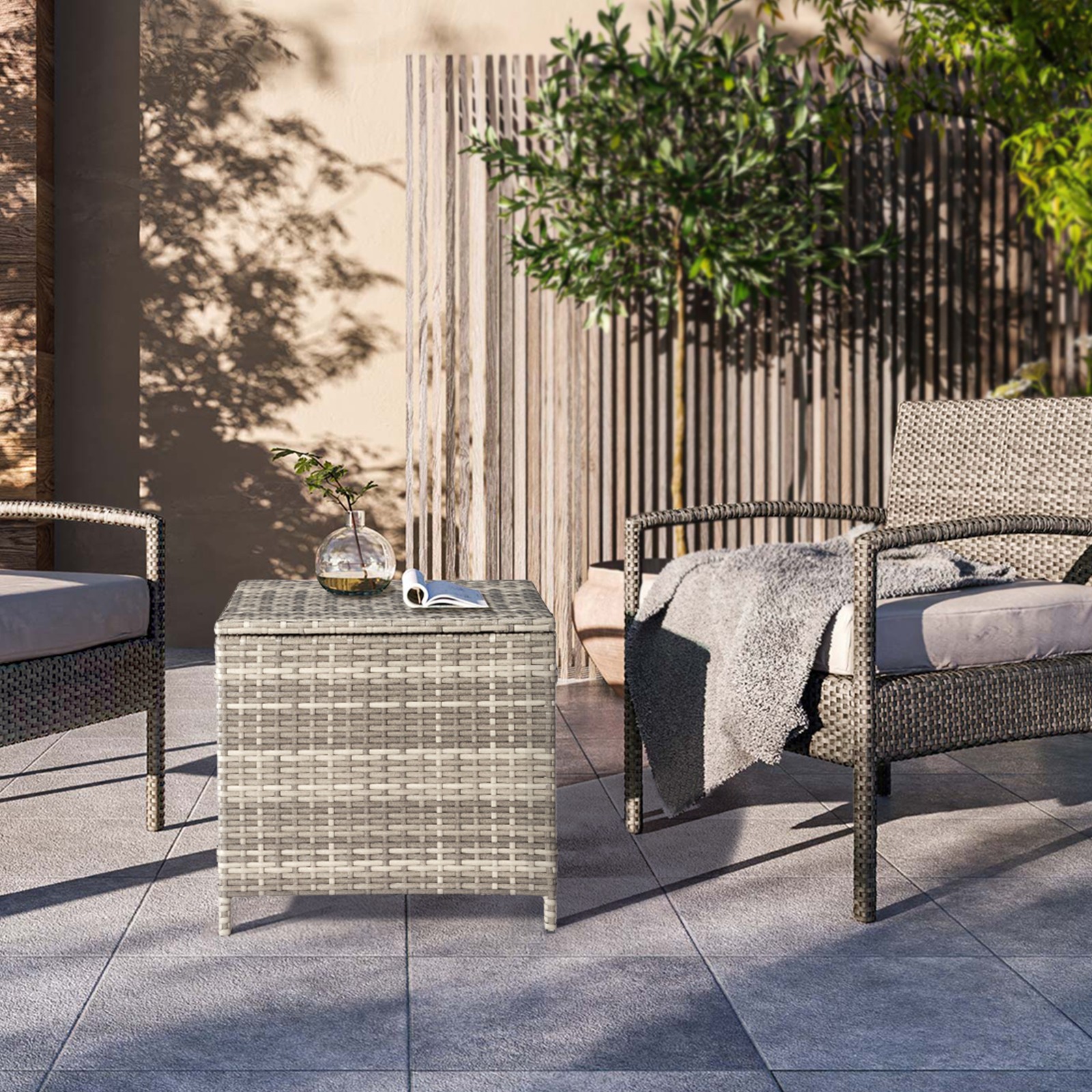 Outdoor PE Wicker Side Table with Storage, Patio Rattan End Table Square, Grey