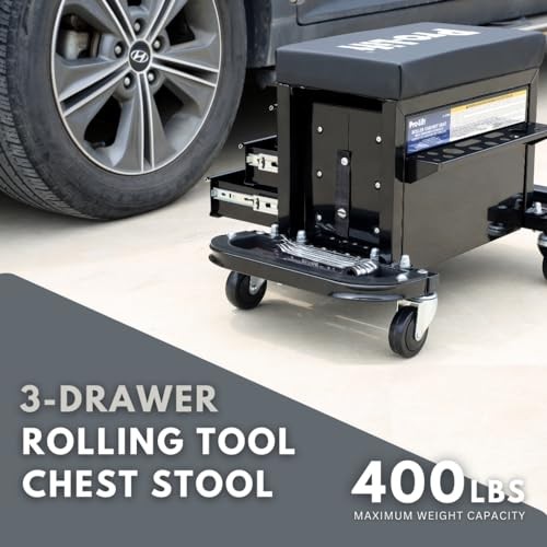 Mechanic Roller Seat with Tool Box - 3-Drawer Rolling Tool Chest Stool with