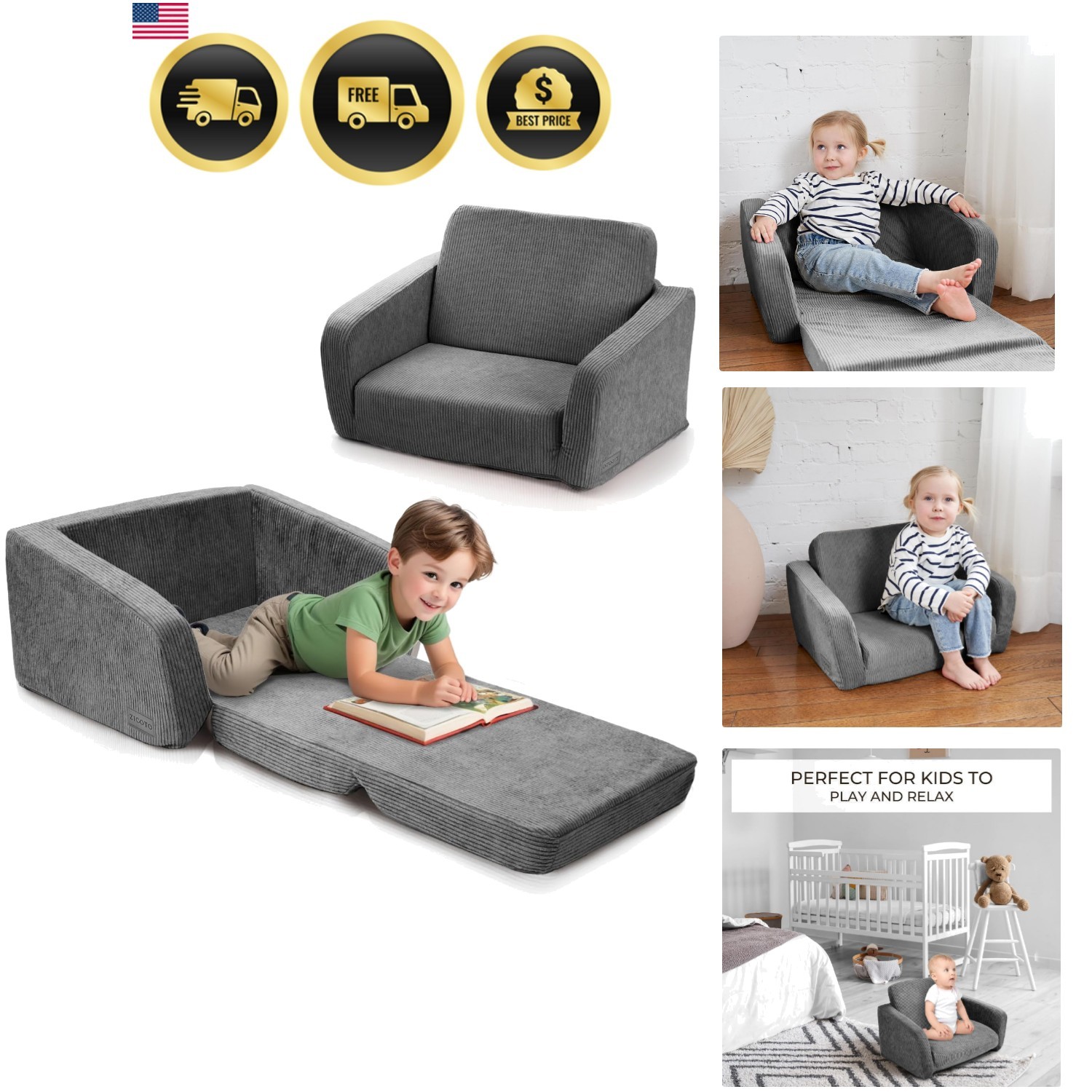 Comfy Kids Chair for Toddler - Stylish 2 in 1 Lounger Made of Memory Foam Eas...