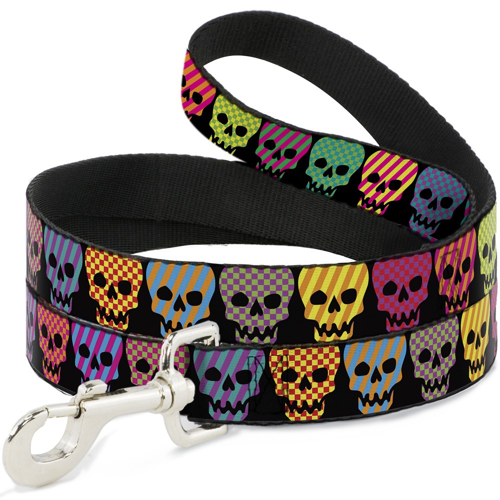 Dog Leash Checker & Stripe Skulls Black/Multi Neon NARROW 0.5"