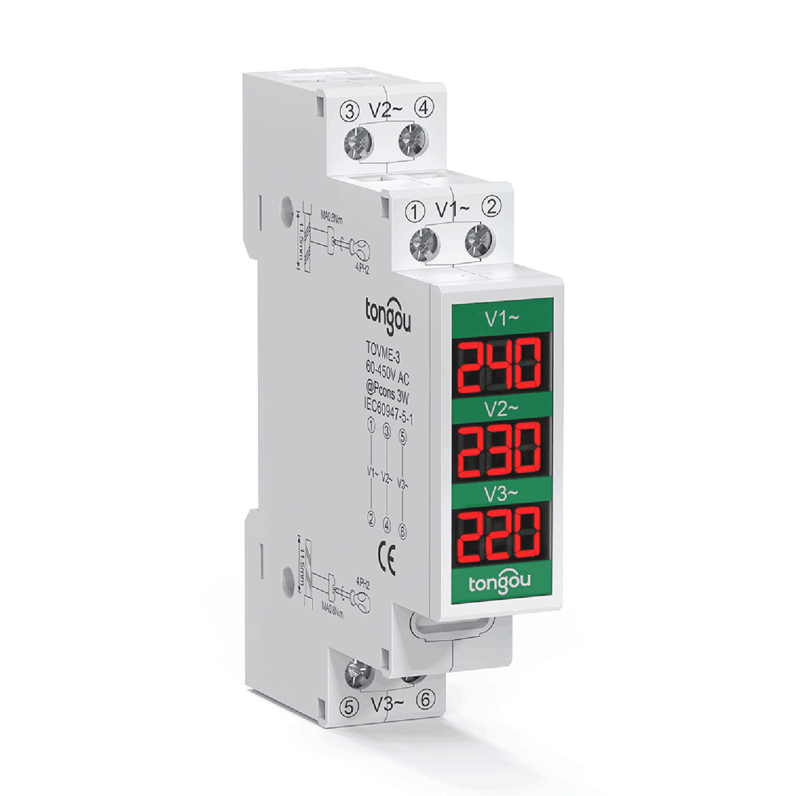 80~500V Three Phase 35mm Din Rail Mount Voltage Meter Modular Voltmeter K3S8