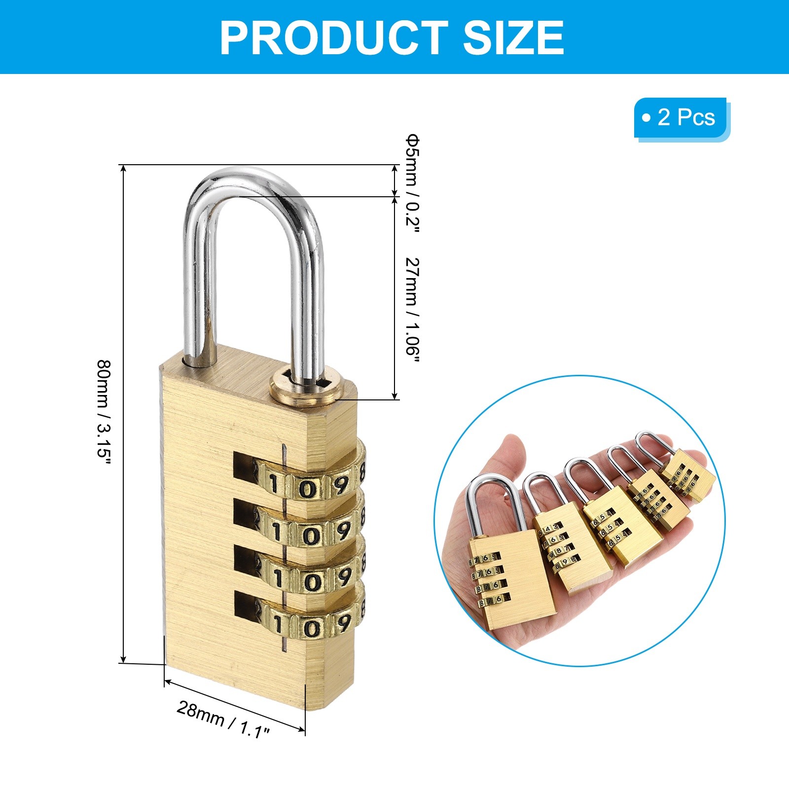 Brass Combination Lock 3.15", 2Pcs 4 Digit Resettable Combination Padlock Yellow